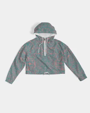 Coral & Teal Tribal Lines  Women's Cropped Windbreaker