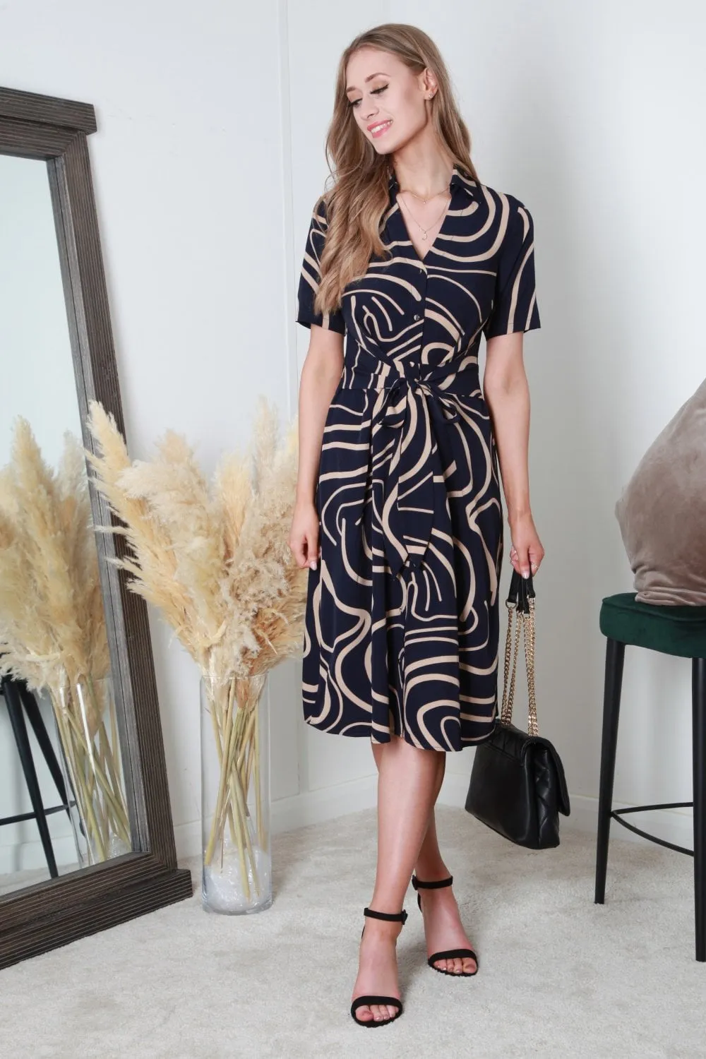 Double Second Tie Waist Button Front Shirt Dress