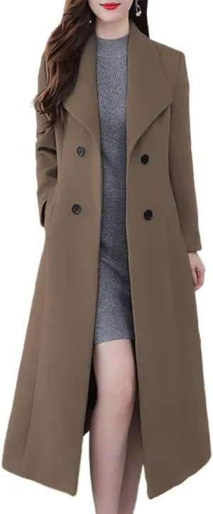 ebossy Women's Shawl Collar Double Breasted Below Knee Slim Wool Trench Long Coat