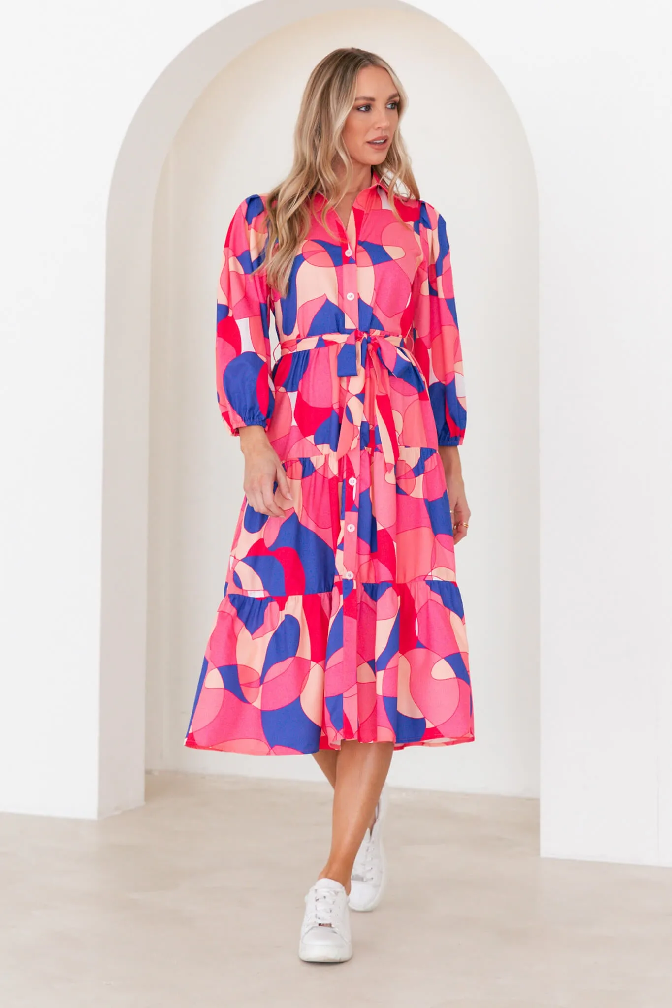 Encore Midi Shirt Dress In Pink And Blue Print