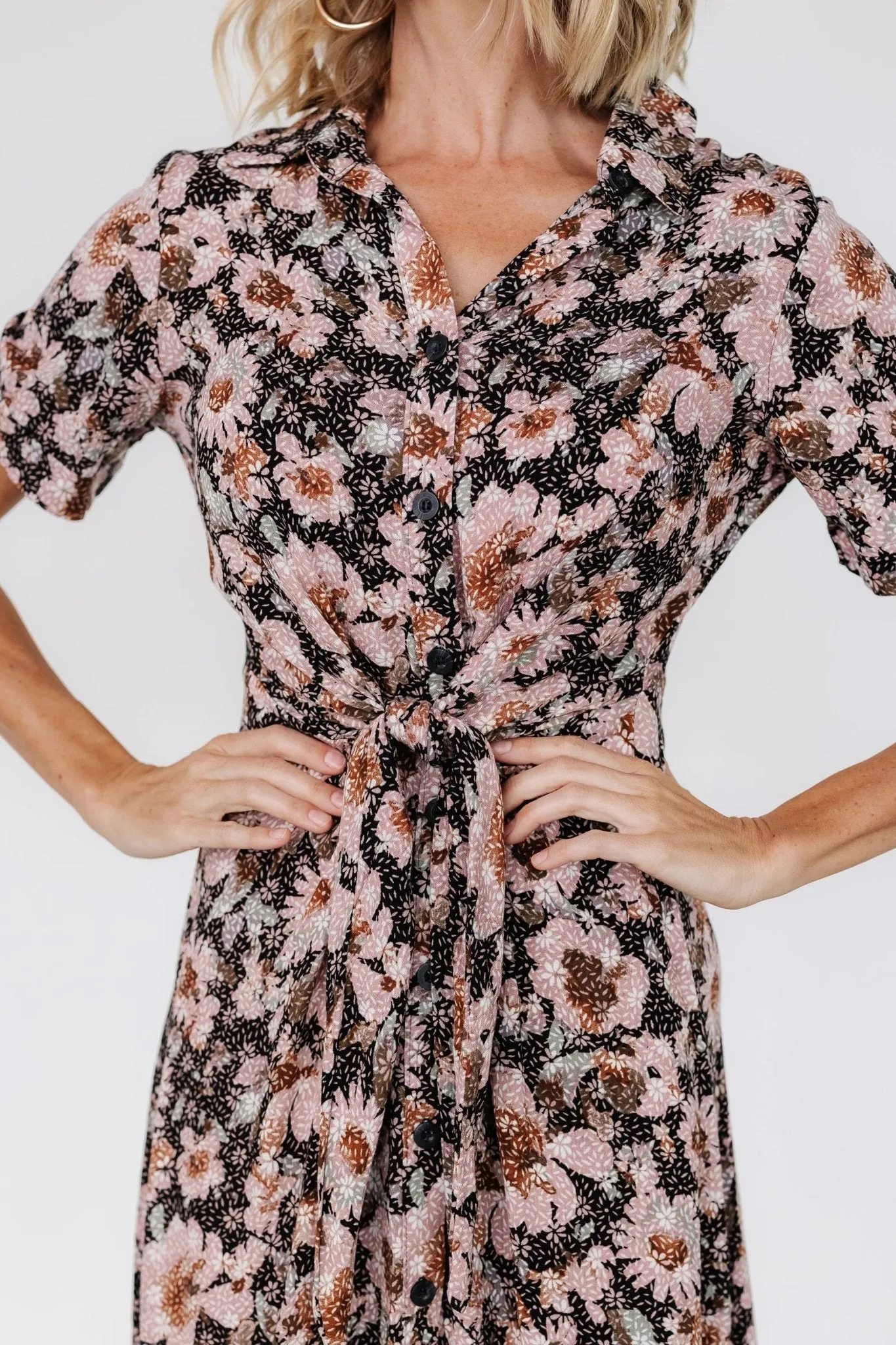 Feya Button Midi Dress | Black   Mauve Floral