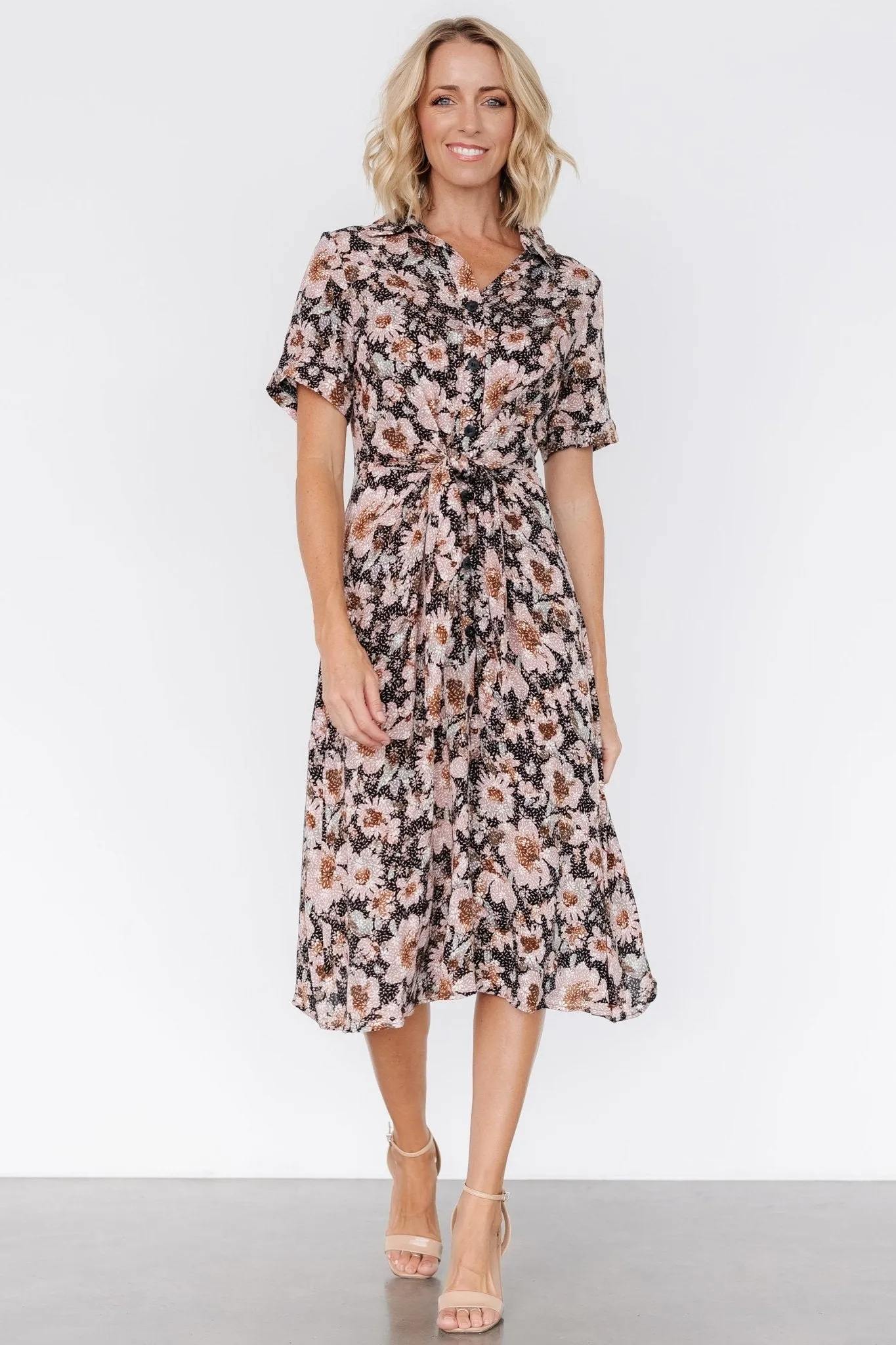 Feya Button Midi Dress | Black   Mauve Floral