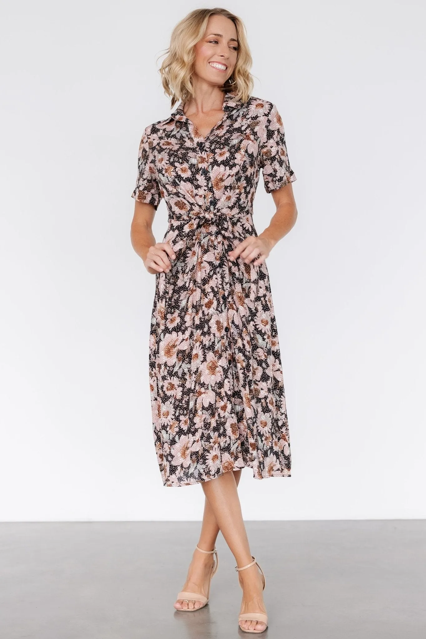 Feya Button Midi Dress | Black   Mauve Floral