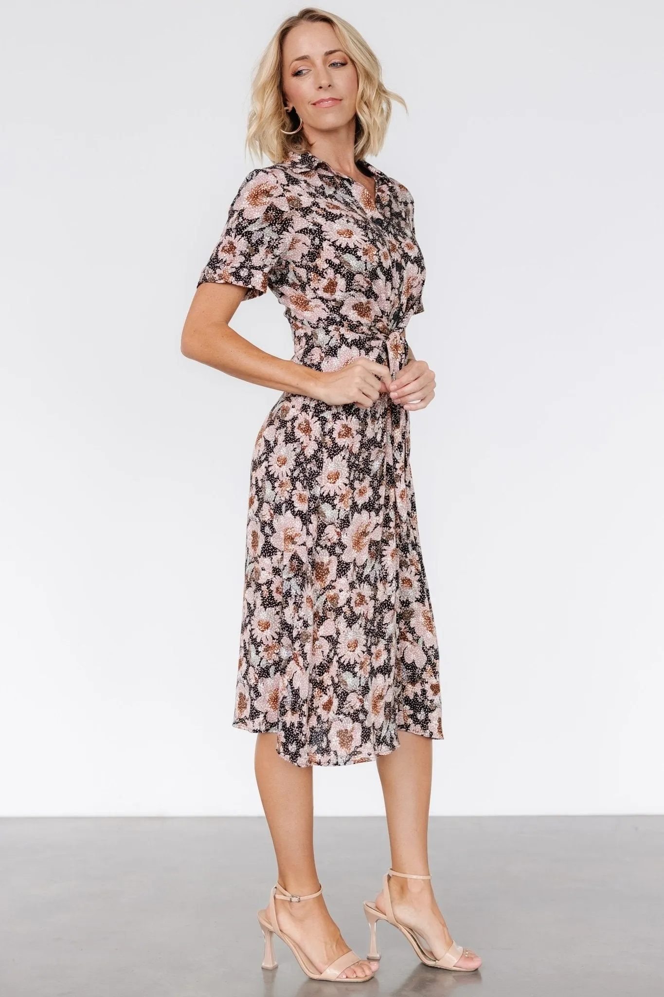 Feya Button Midi Dress | Black   Mauve Floral