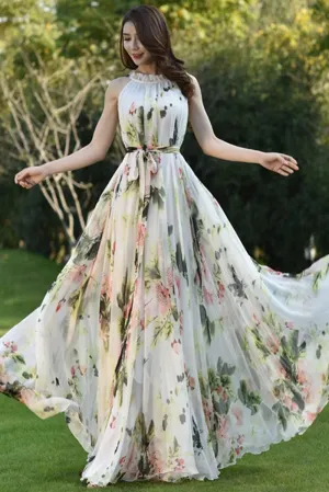 Floral sleeveless chiffon dress, summer vacation dress 4464