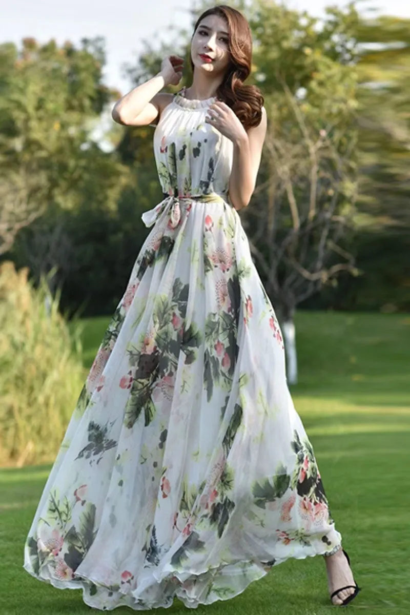 Floral sleeveless chiffon dress, summer vacation dress 4464