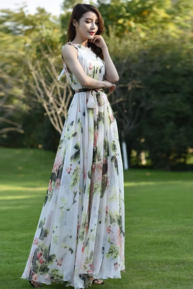 Floral sleeveless chiffon dress, summer vacation dress 4464