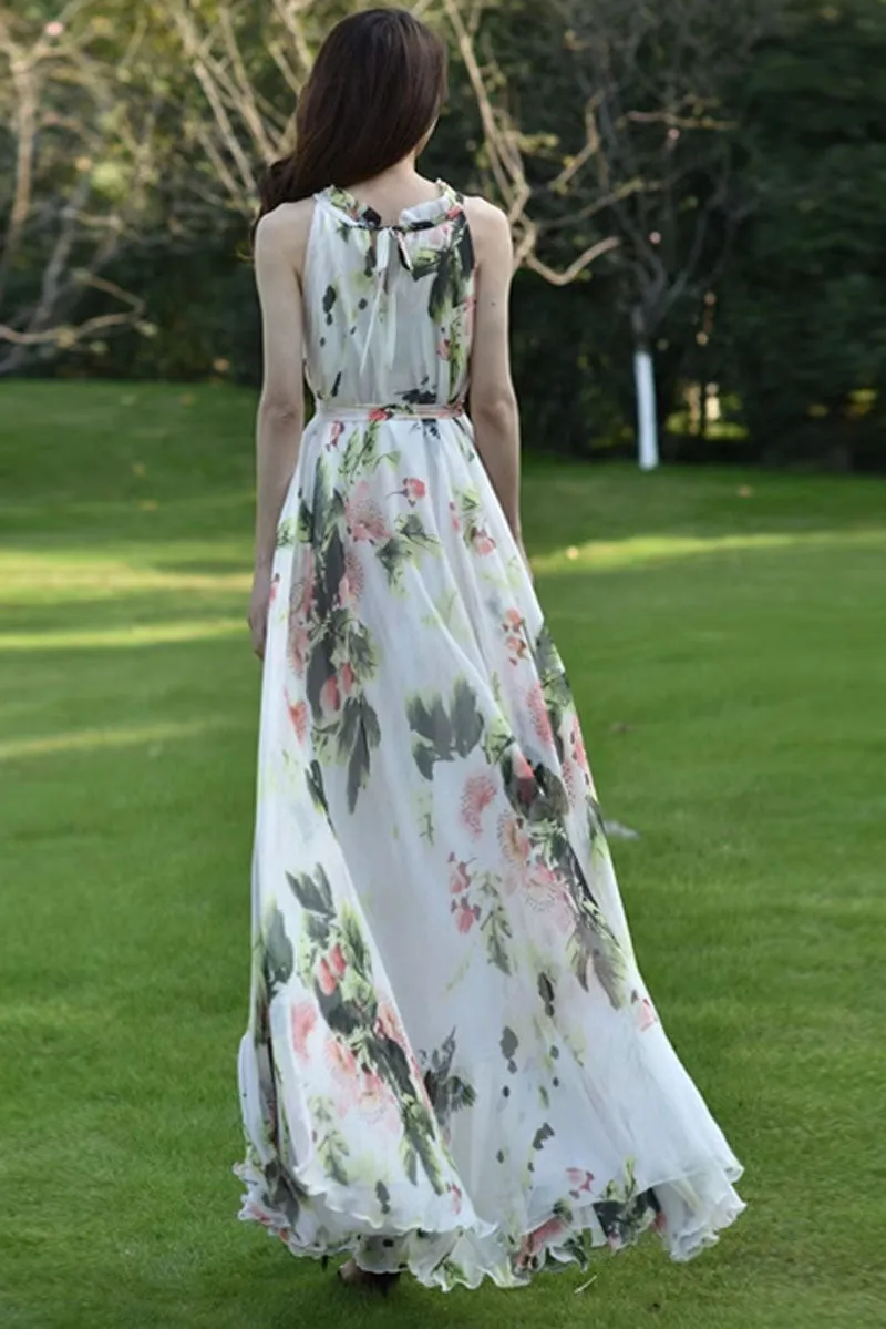 Floral sleeveless chiffon dress, summer vacation dress 4464
