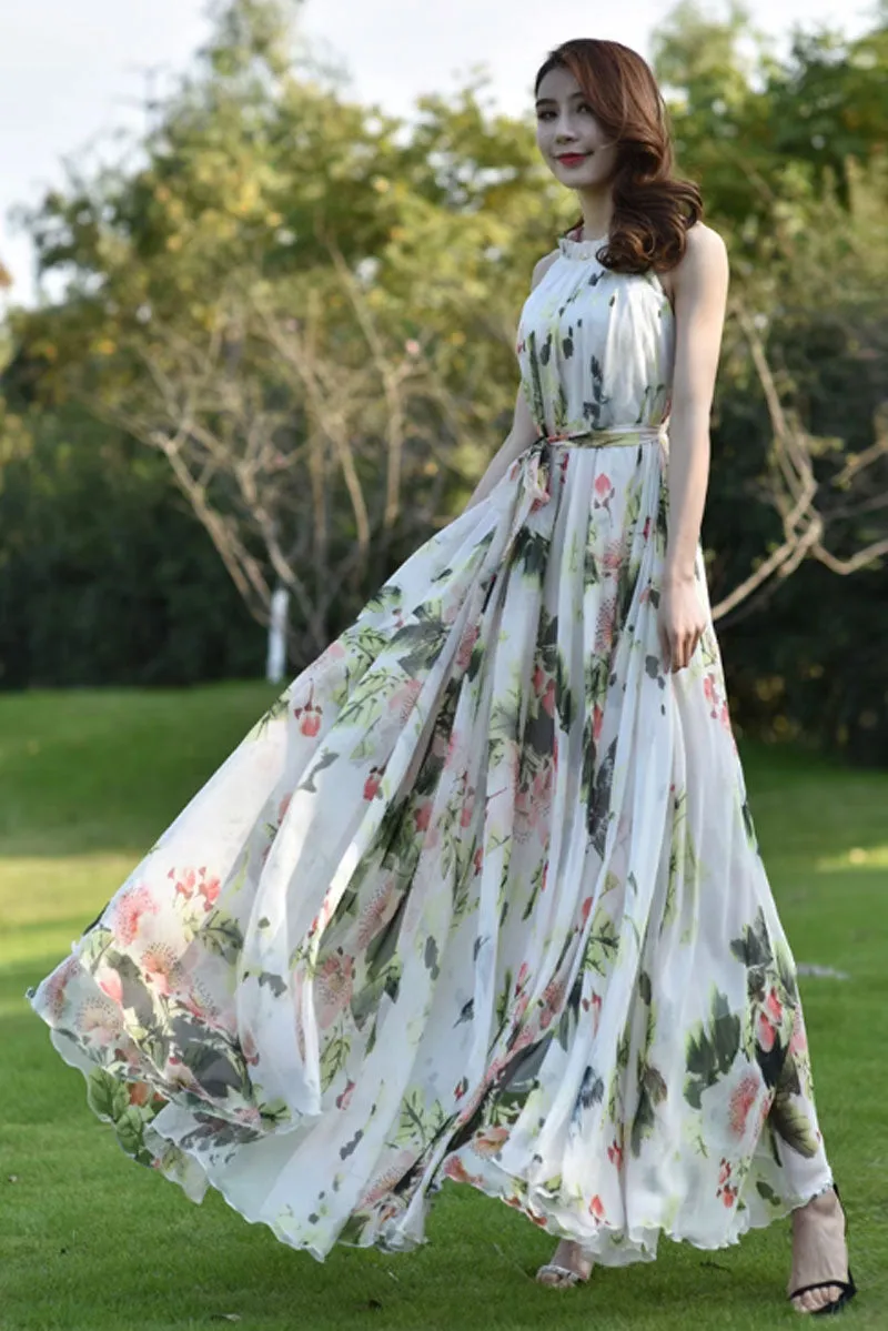 Floral sleeveless chiffon dress, summer vacation dress 4464