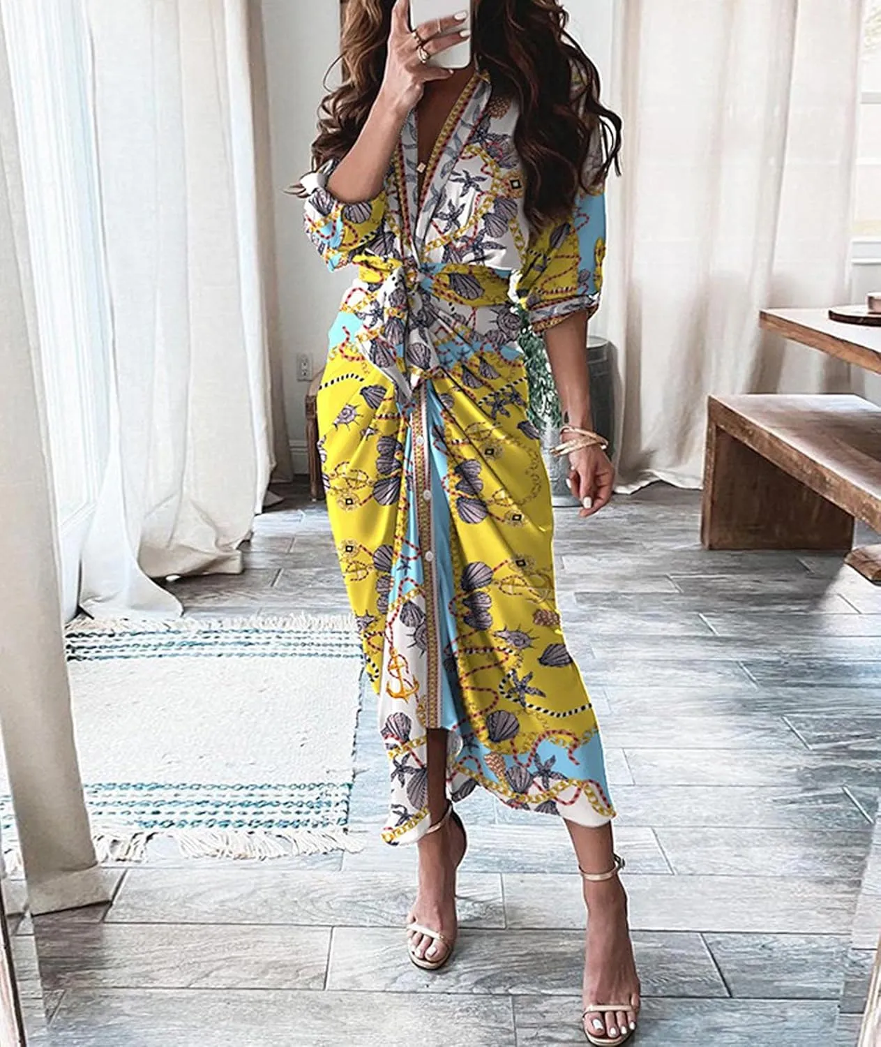 FYEARFOX Women's Button Down Shirt Dress Ruched Split Maxi Dresses Long Sleeve Wrap V Neck Tie Waist Party Clubwear