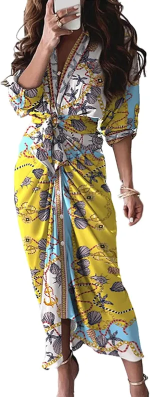 FYEARFOX Women's Button Down Shirt Dress Ruched Split Maxi Dresses Long Sleeve Wrap V Neck Tie Waist Party Clubwear