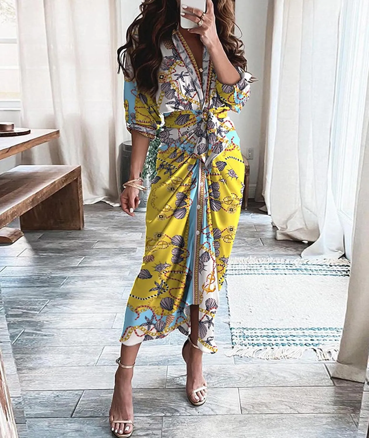 FYEARFOX Women's Button Down Shirt Dress Ruched Split Maxi Dresses Long Sleeve Wrap V Neck Tie Waist Party Clubwear