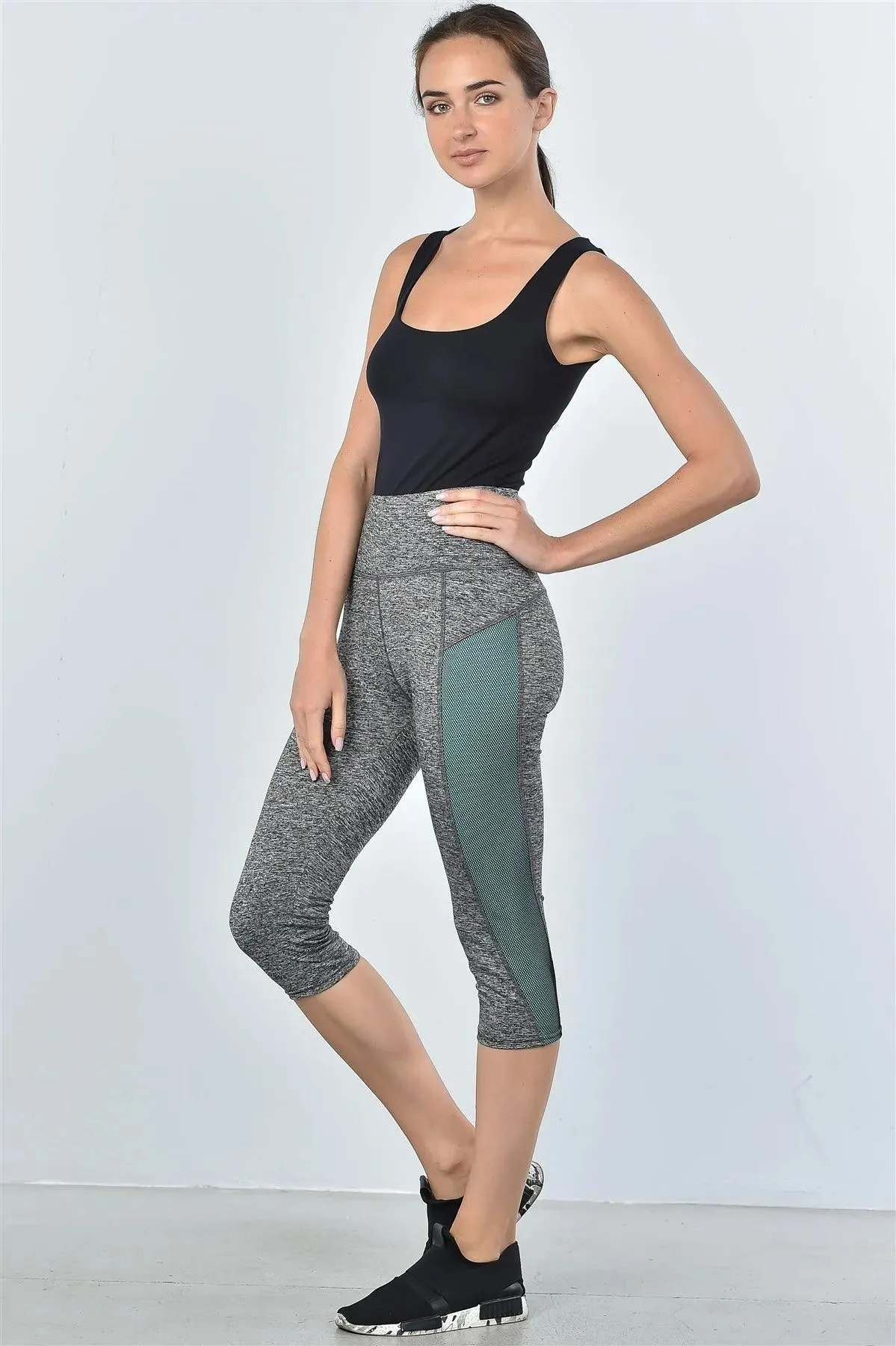 Grey And Aqua Color Block Mesh Insert Knee Length Leggings /2-4