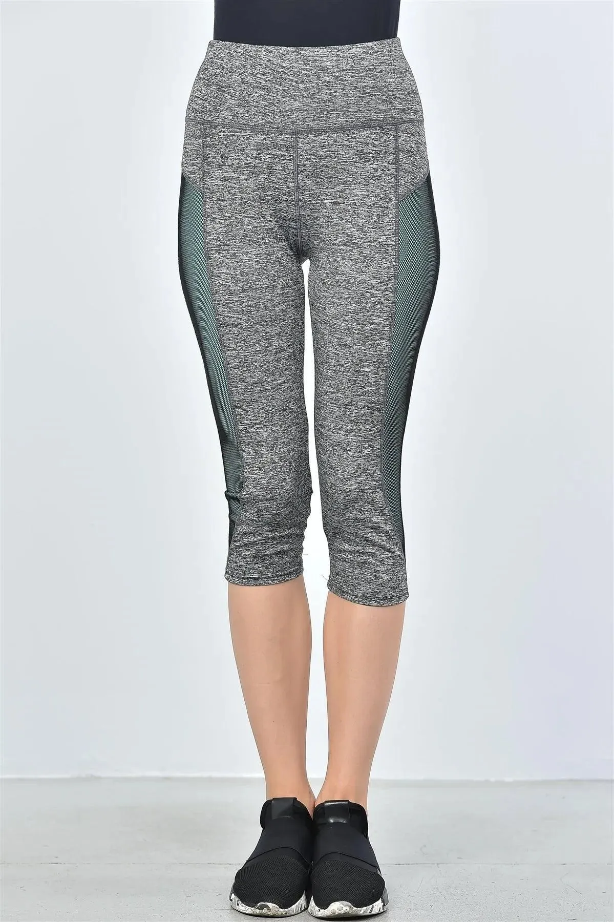 Grey And Aqua Color Block Mesh Insert Knee Length Leggings /2-4