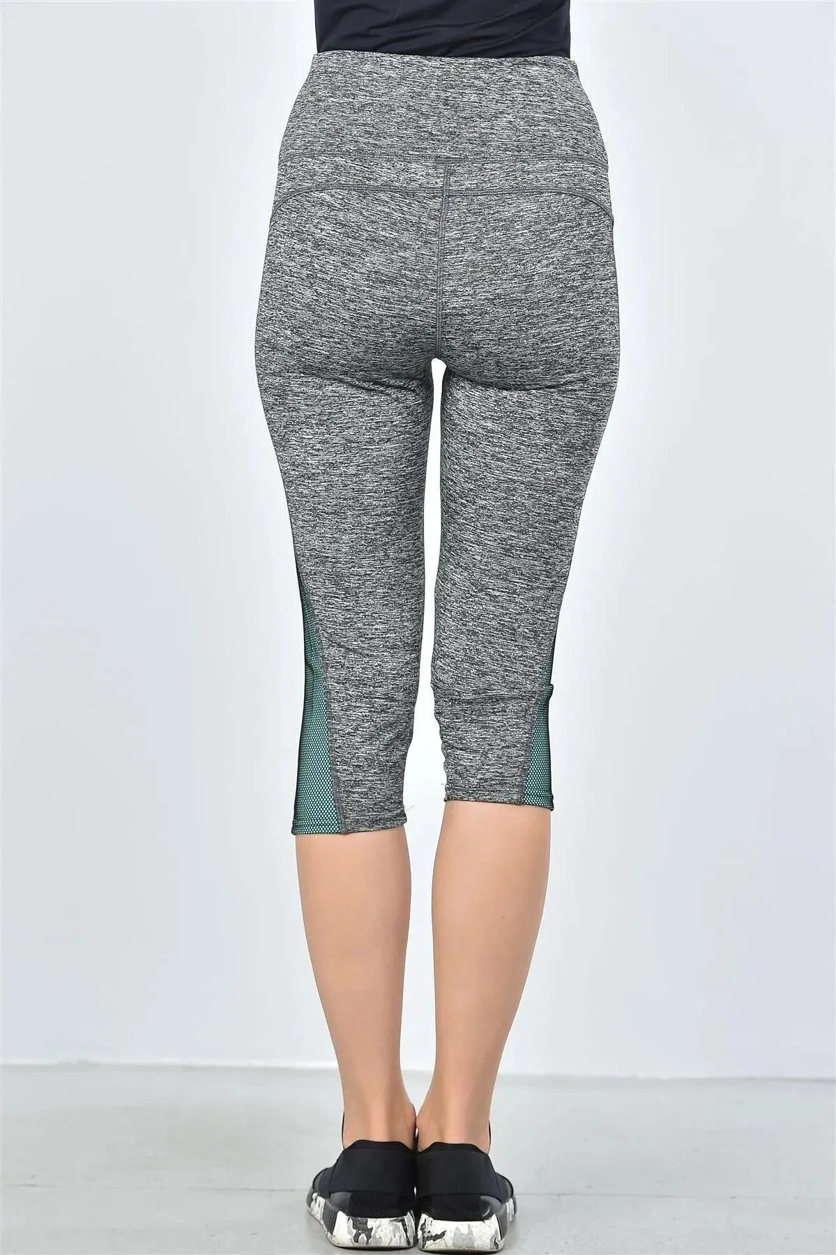 Grey And Aqua Color Block Mesh Insert Knee Length Leggings /2-4