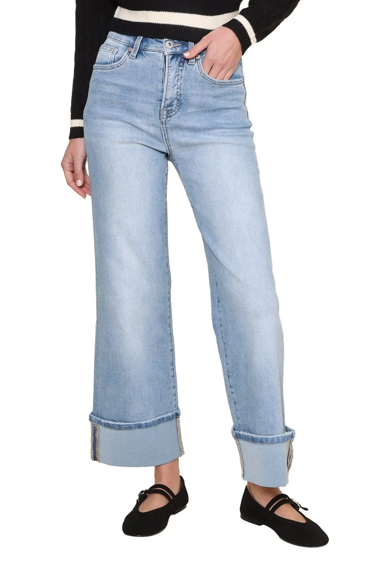 High Rise Wide Leg with Cuff- Capri Blue