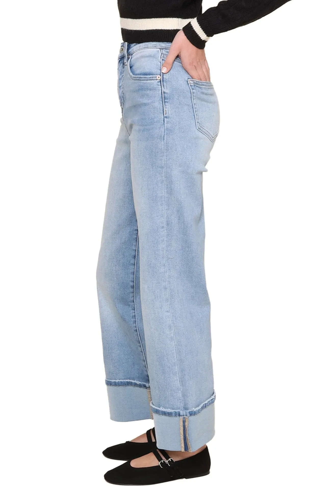 High Rise Wide Leg with Cuff- Capri Blue