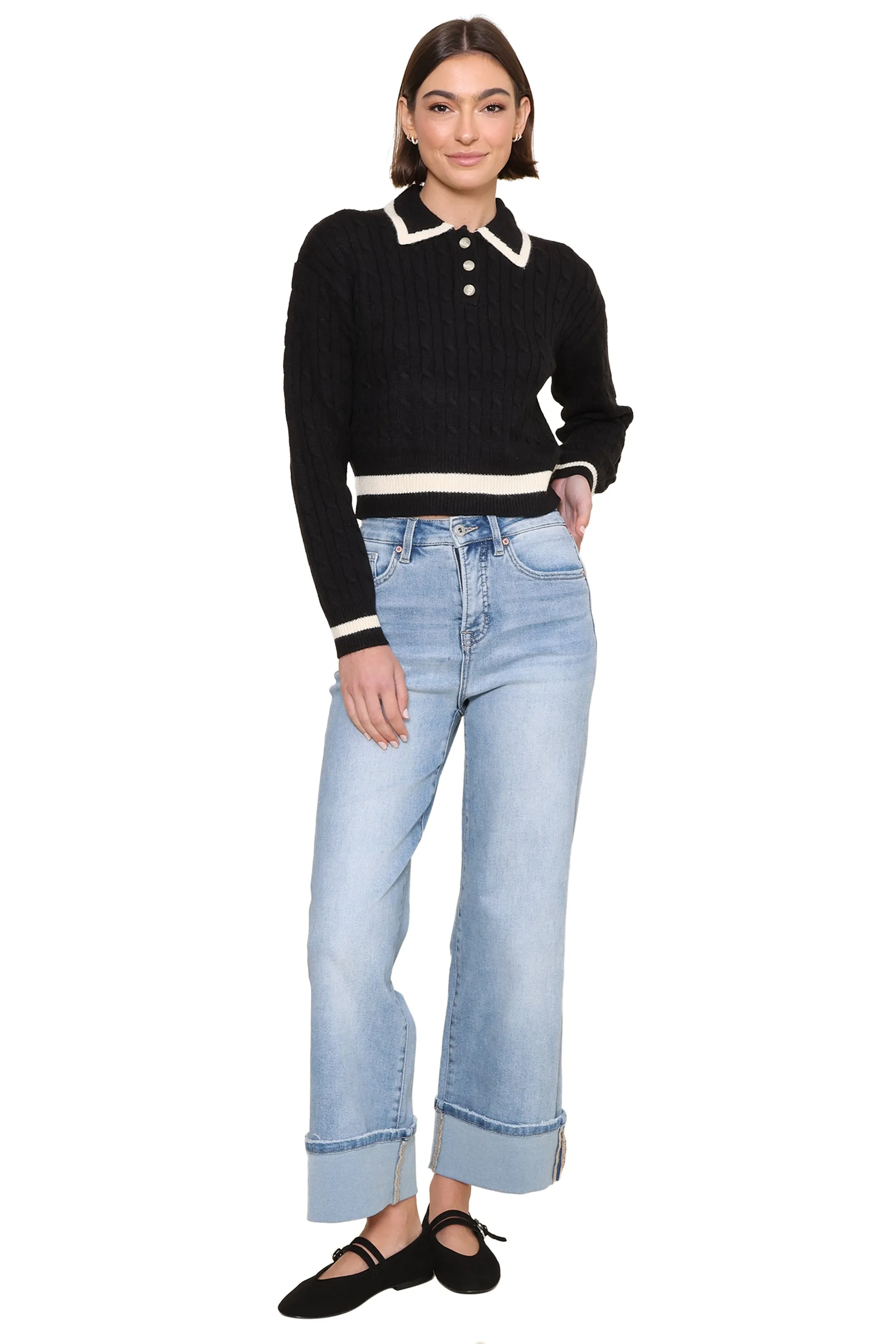 High Rise Wide Leg with Cuff- Capri Blue