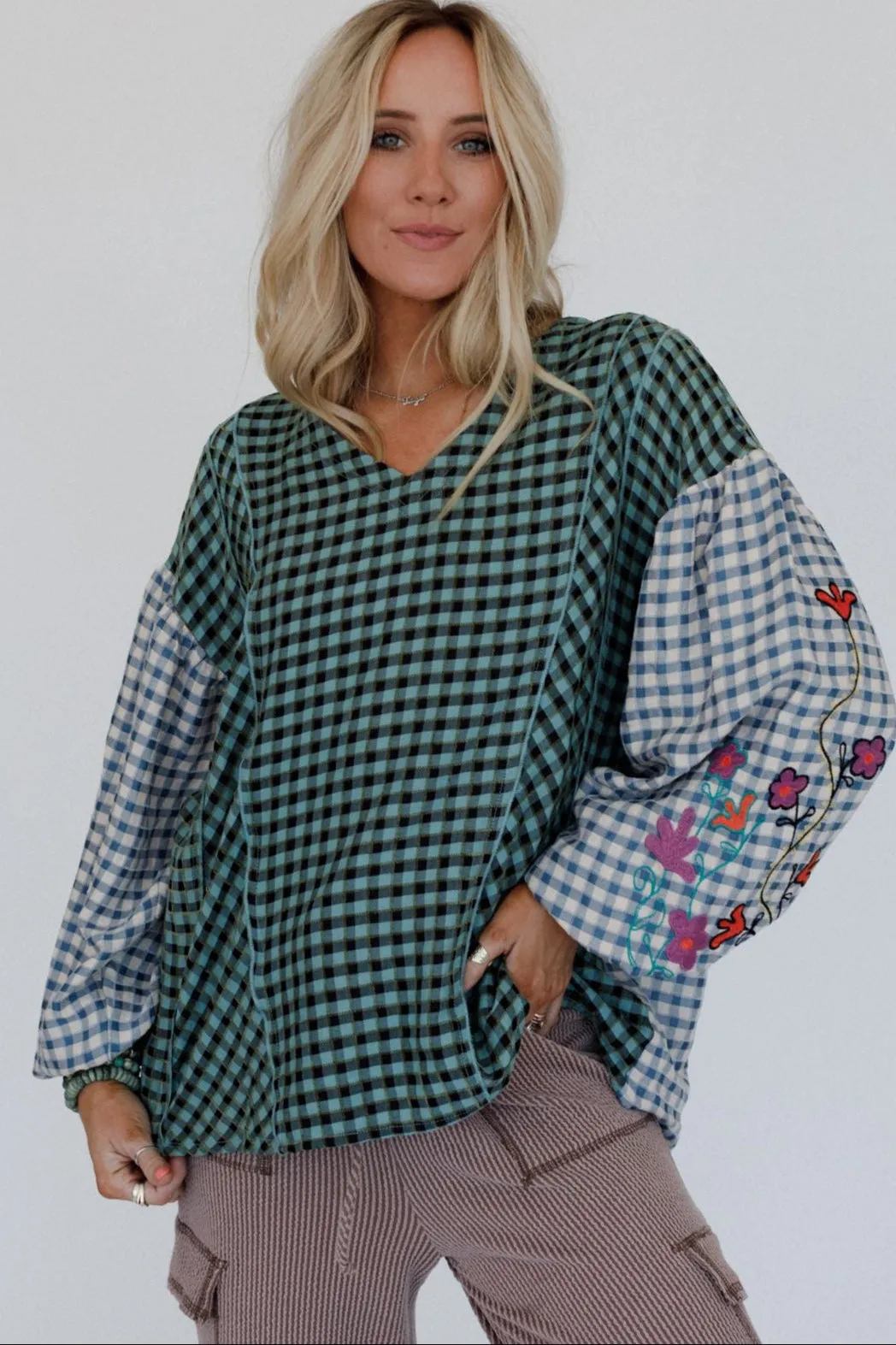 Homestead Plaid Floral Top - Teal