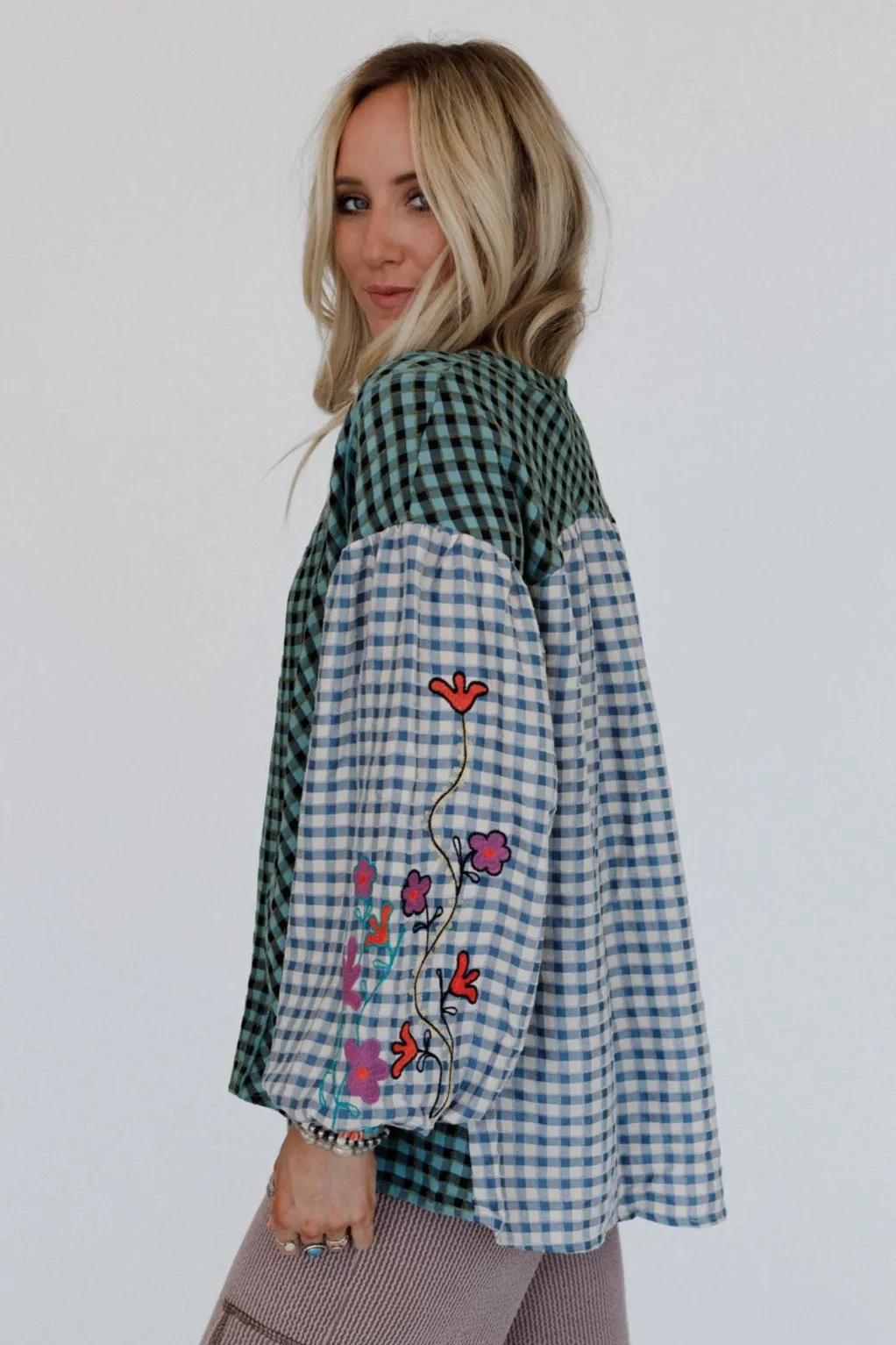 Homestead Plaid Floral Top - Teal