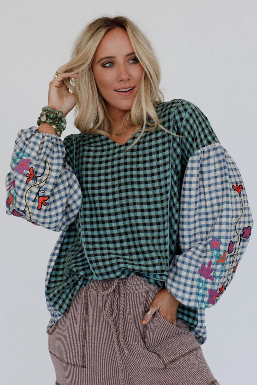 Homestead Plaid Floral Top - Teal