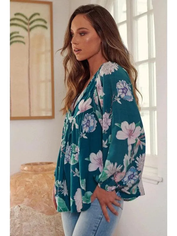 JAASE Araminta Print Indira Long Sleeve Blouse - Teal