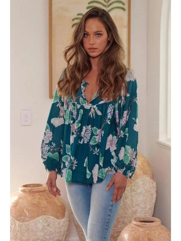 JAASE Araminta Print Indira Long Sleeve Blouse - Teal