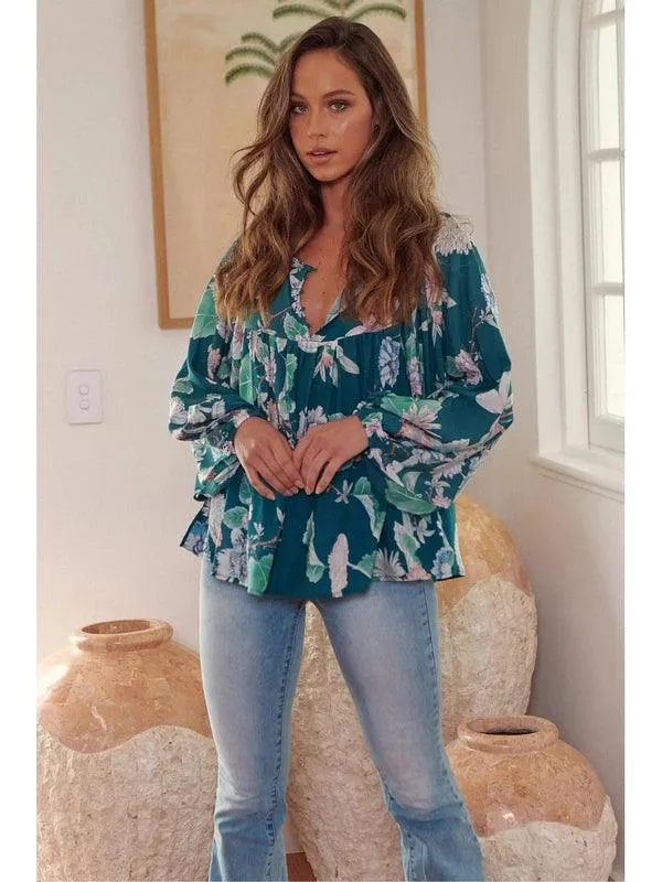 JAASE Araminta Print Indira Long Sleeve Blouse - Teal