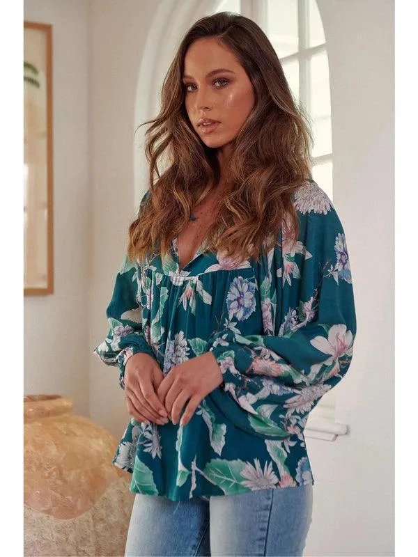 JAASE Araminta Print Indira Long Sleeve Blouse - Teal