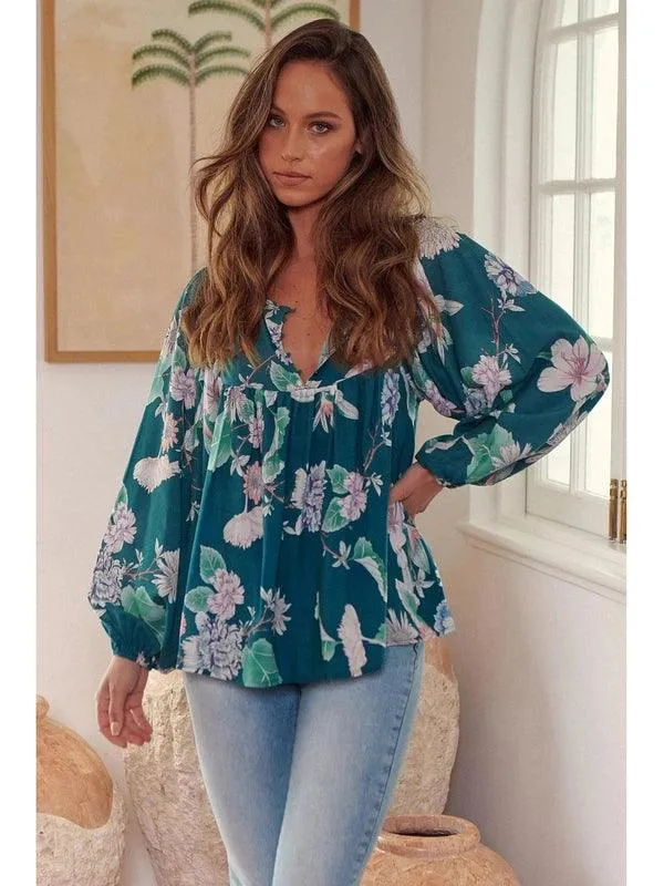 JAASE Araminta Print Indira Long Sleeve Blouse - Teal