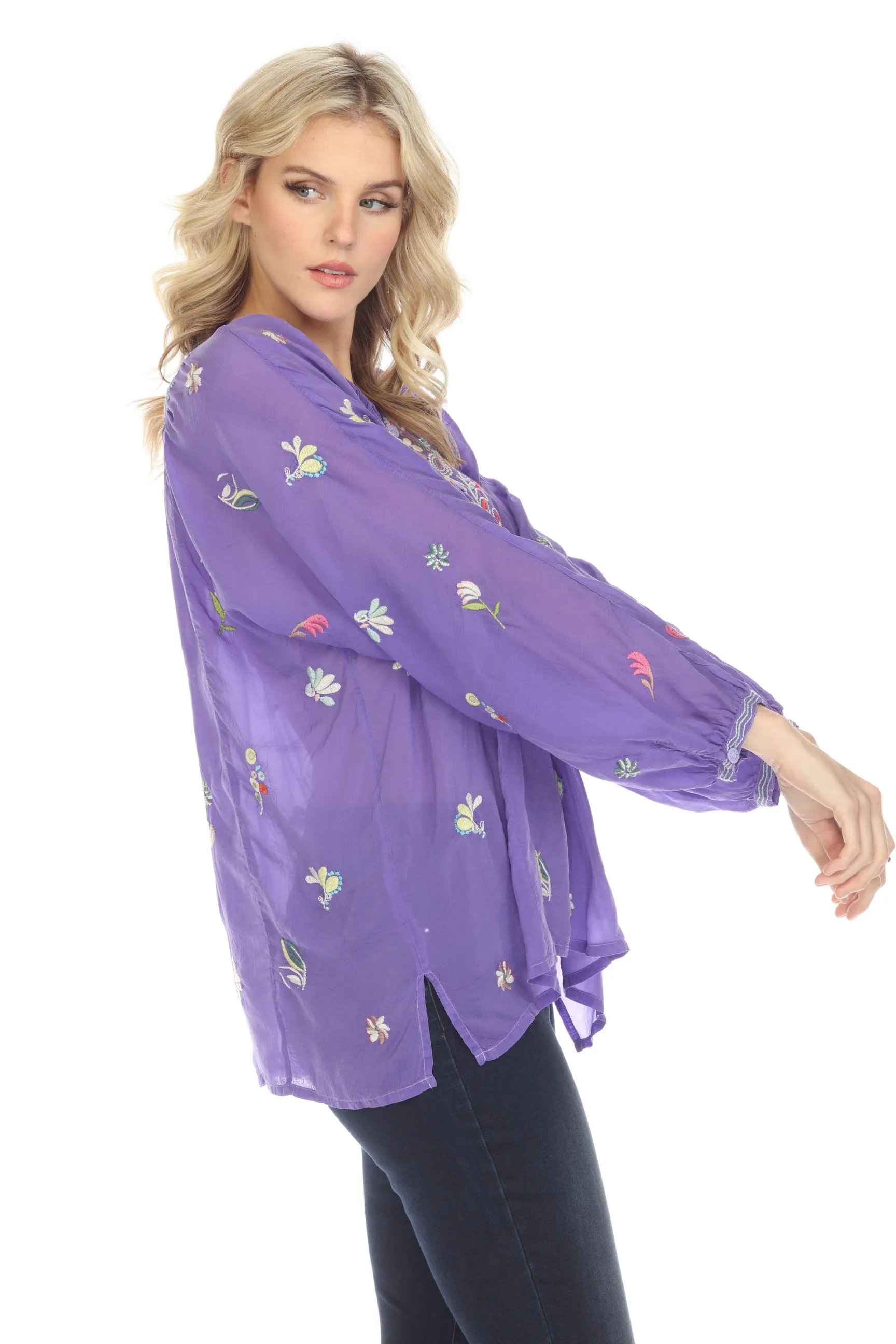 Johnny Was Purple Tinsley Embroidered Long Sleeve Blouse Boho Chic C17622