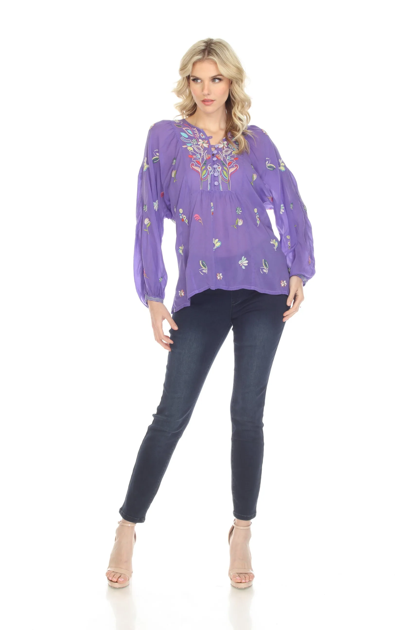 Johnny Was Purple Tinsley Embroidered Long Sleeve Blouse Boho Chic C17622