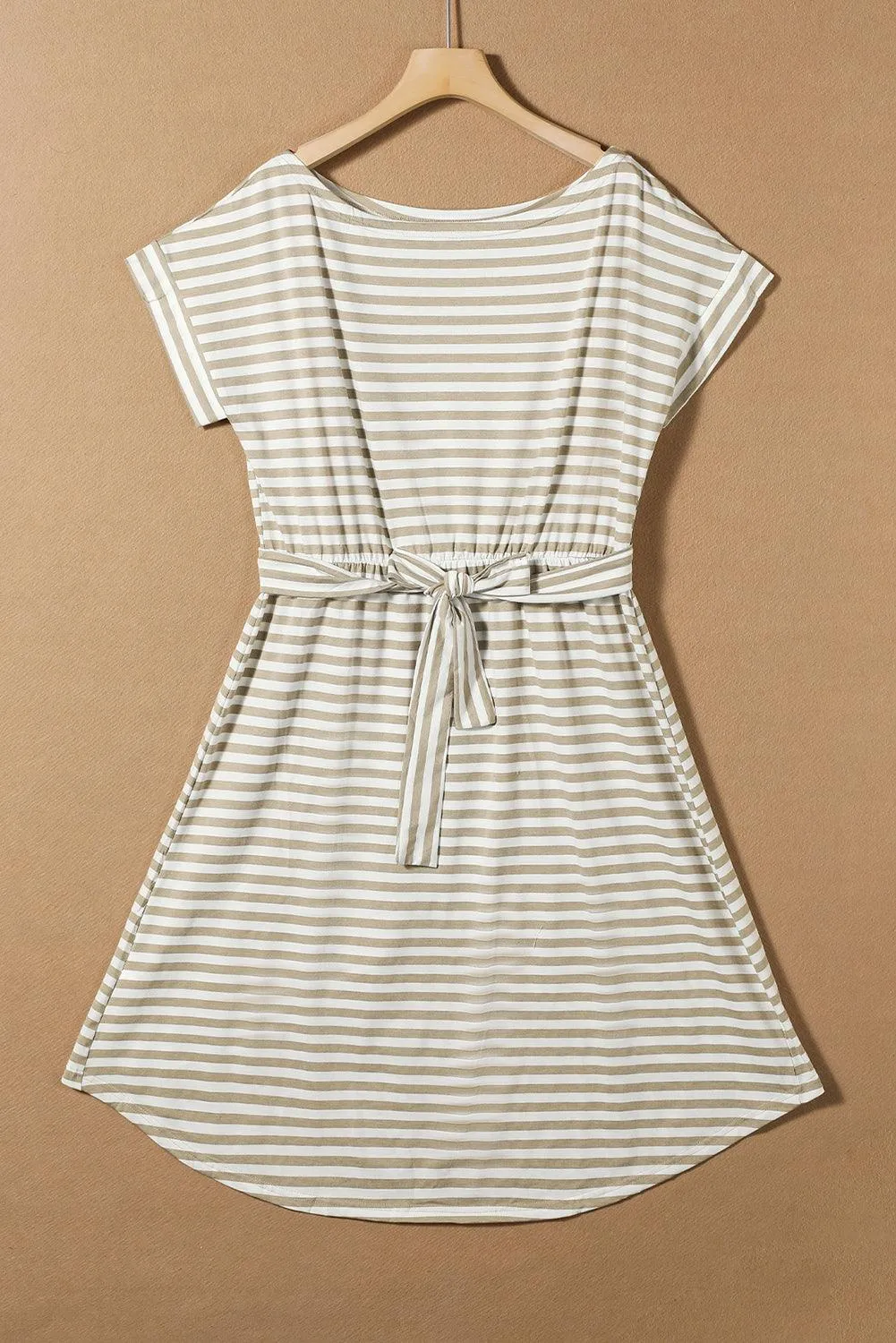 Khaki Stripe Belted Wrapped Hemline T Shirt Midi Dress