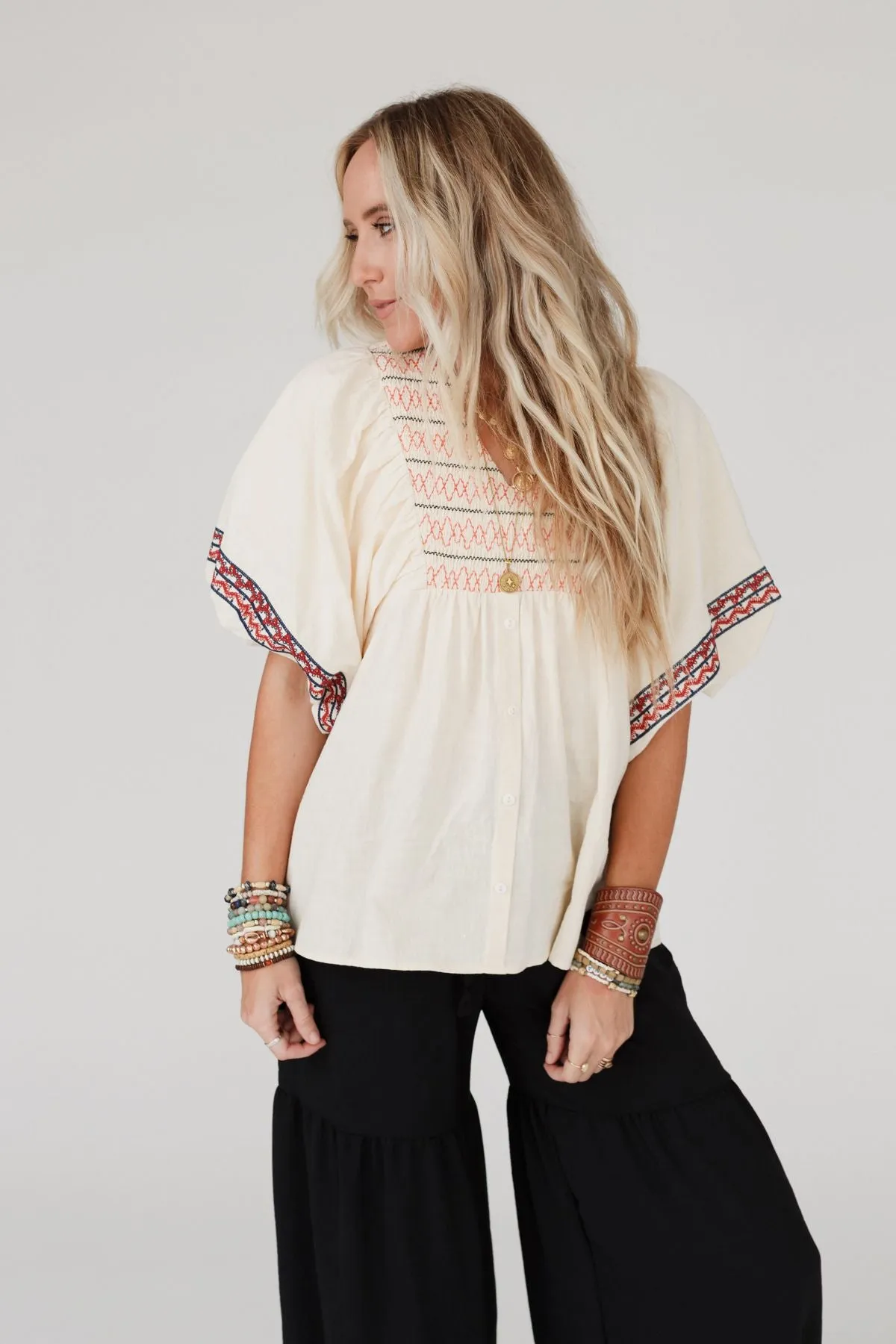 Lena Smocked Embroidered Babydoll Top - Cream