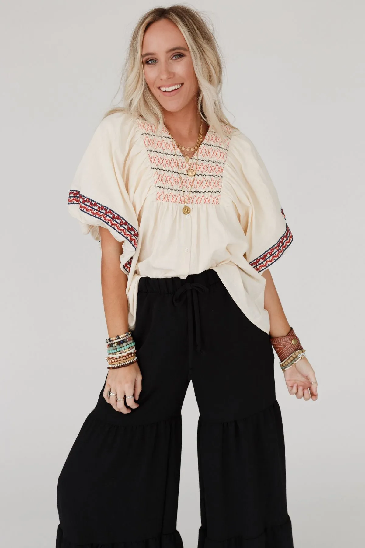 Lena Smocked Embroidered Babydoll Top - Cream