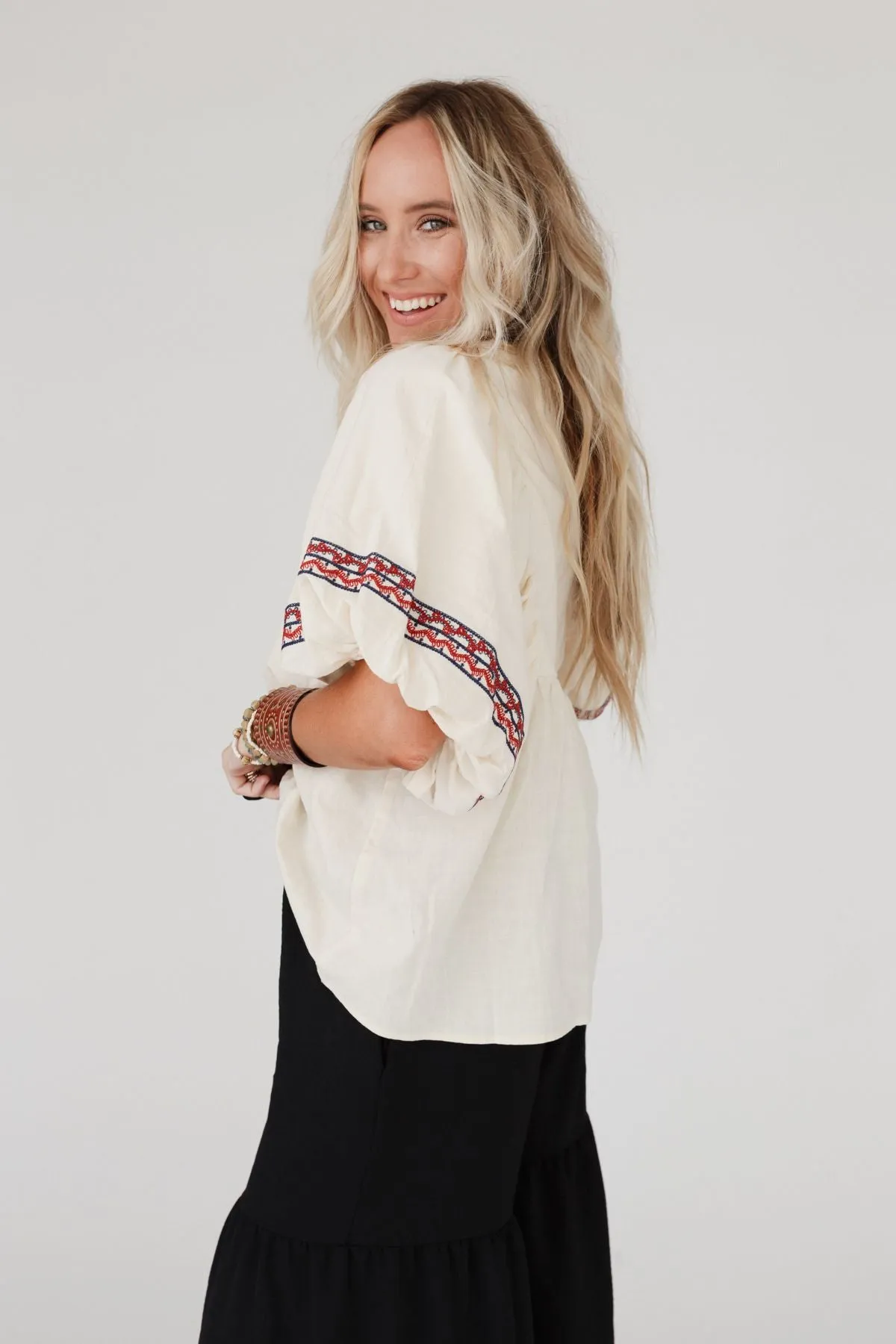 Lena Smocked Embroidered Babydoll Top - Cream