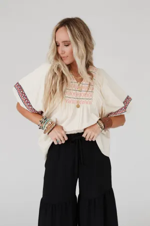 Lena Smocked Embroidered Babydoll Top - Cream
