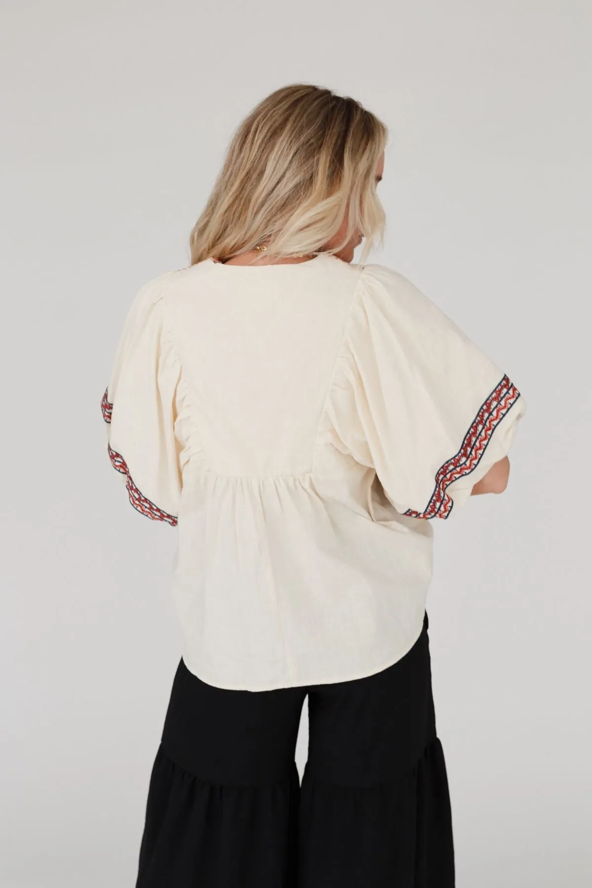 Lena Smocked Embroidered Babydoll Top - Cream