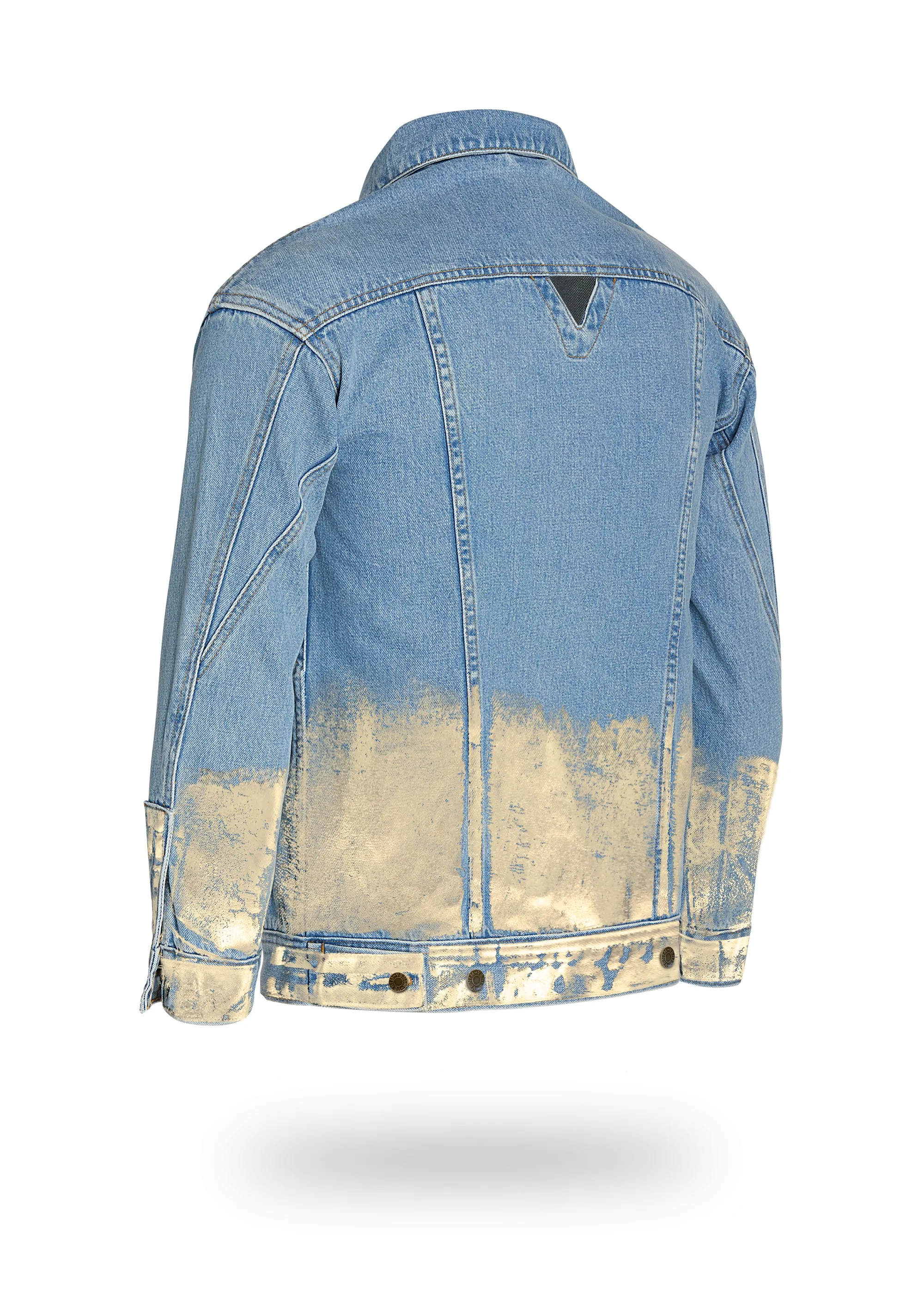 Longer Light Wash Denim Jacket with Champagne Gold Foil
