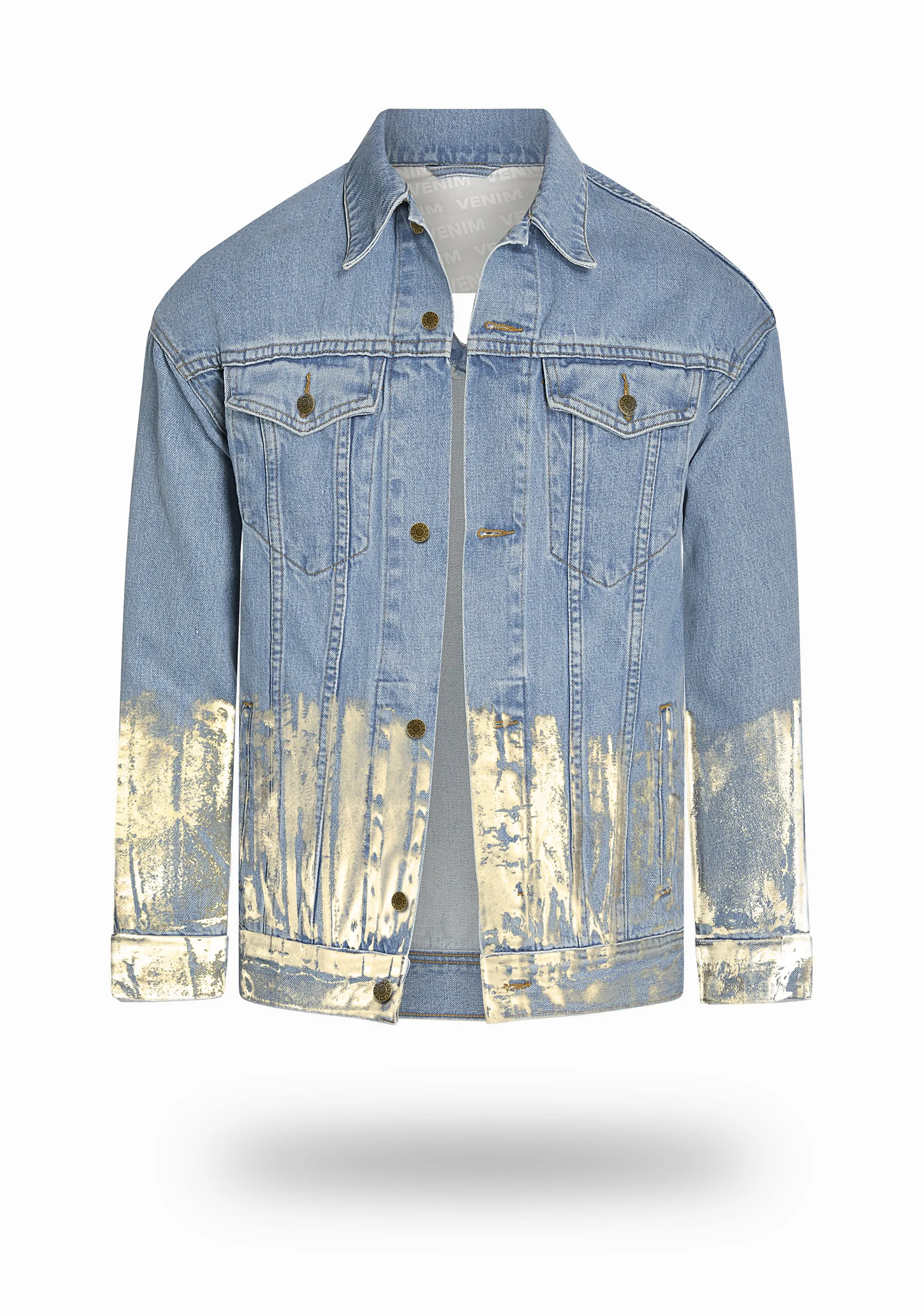 Longer Light Wash Denim Jacket with Champagne Gold Foil