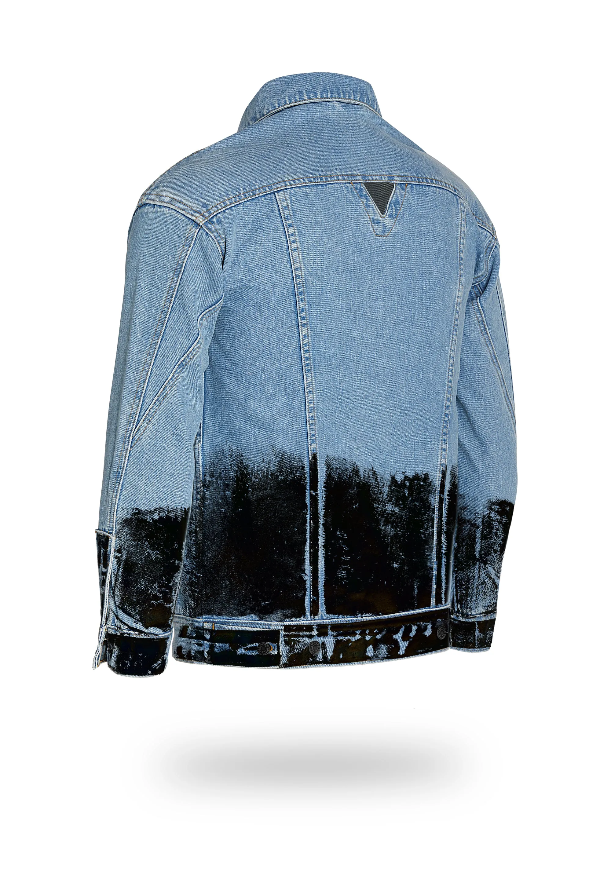 Longer Light Wash Denim Jacket with Midnight Oil Foil