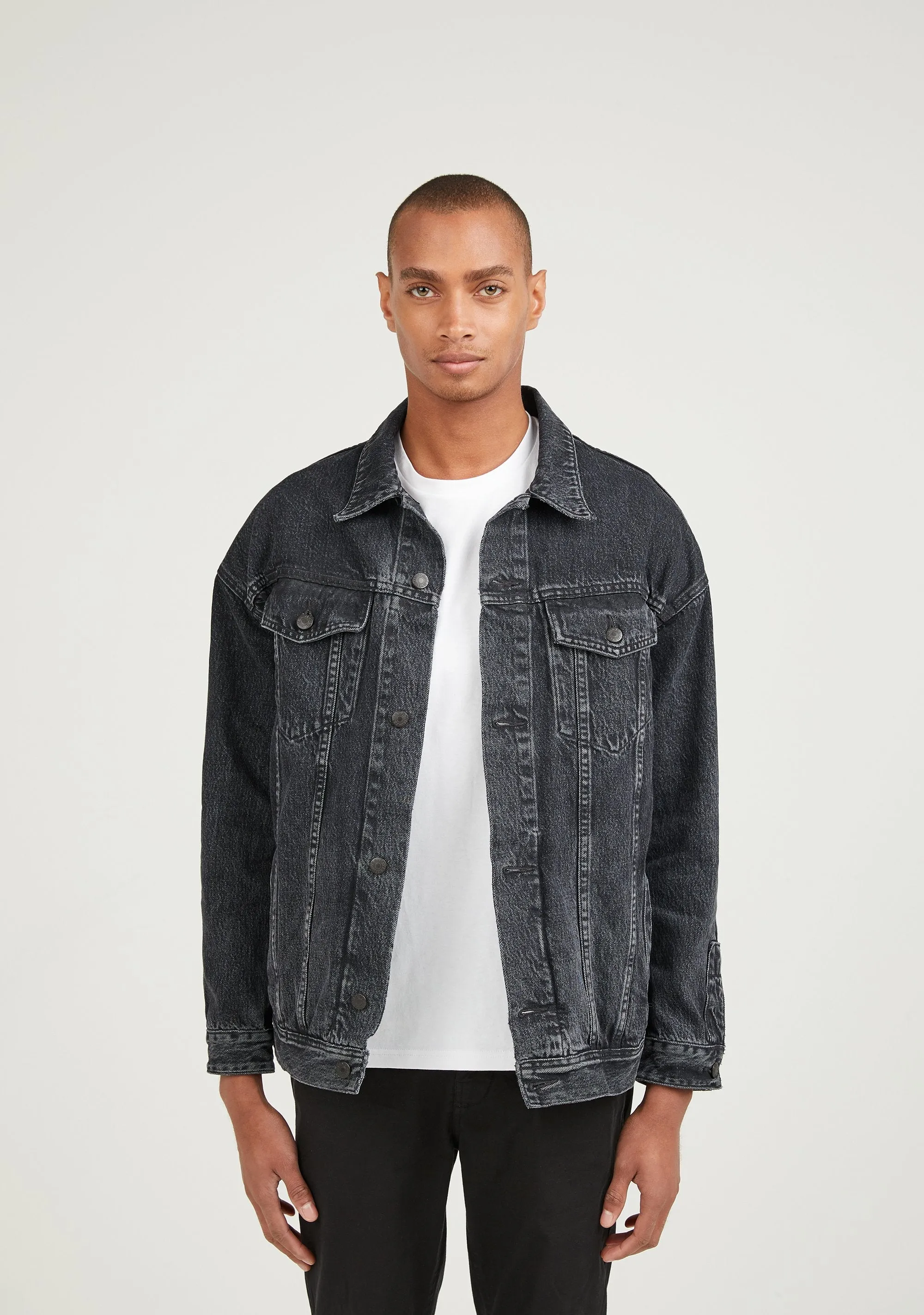 Longer Washed Black Denim Jacket with Rose Gold Foil