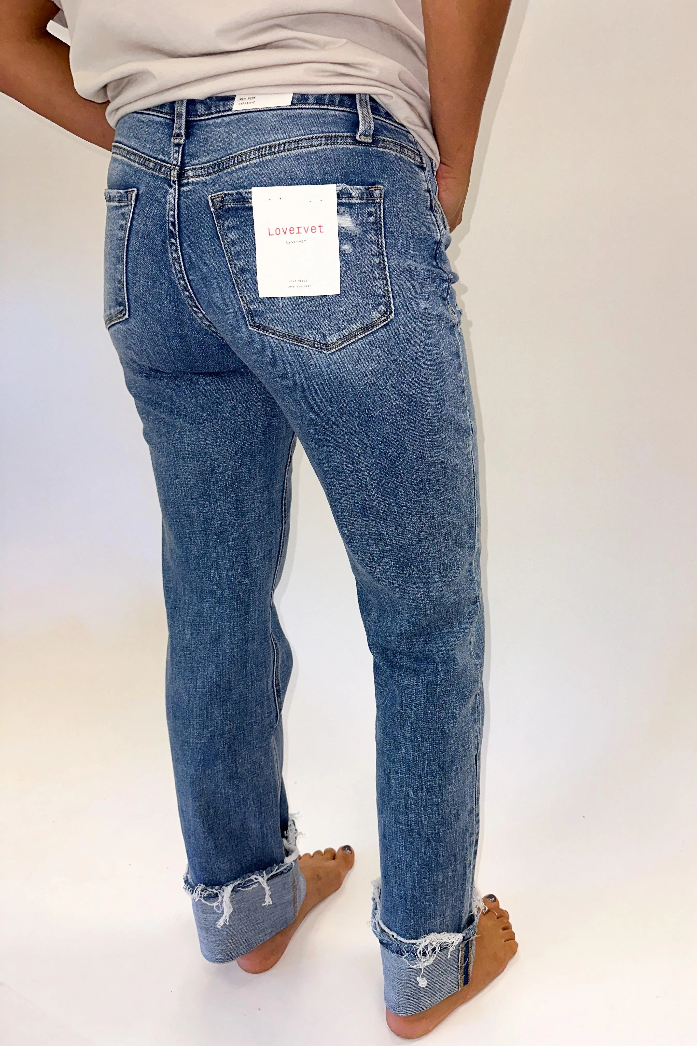 LOVERVET: Mid Rise Cuffed Straight Jeans