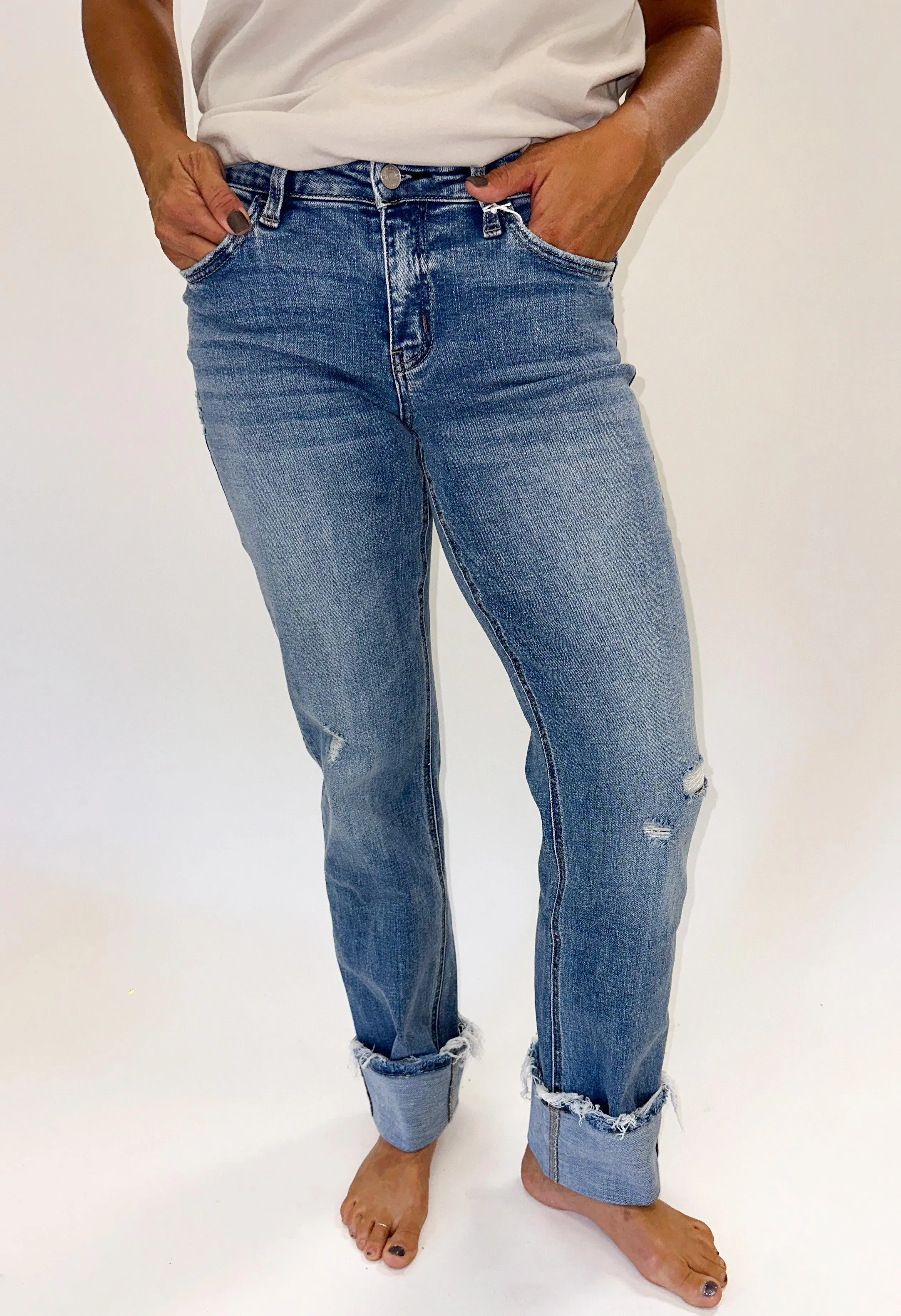 LOVERVET: Mid Rise Cuffed Straight Jeans