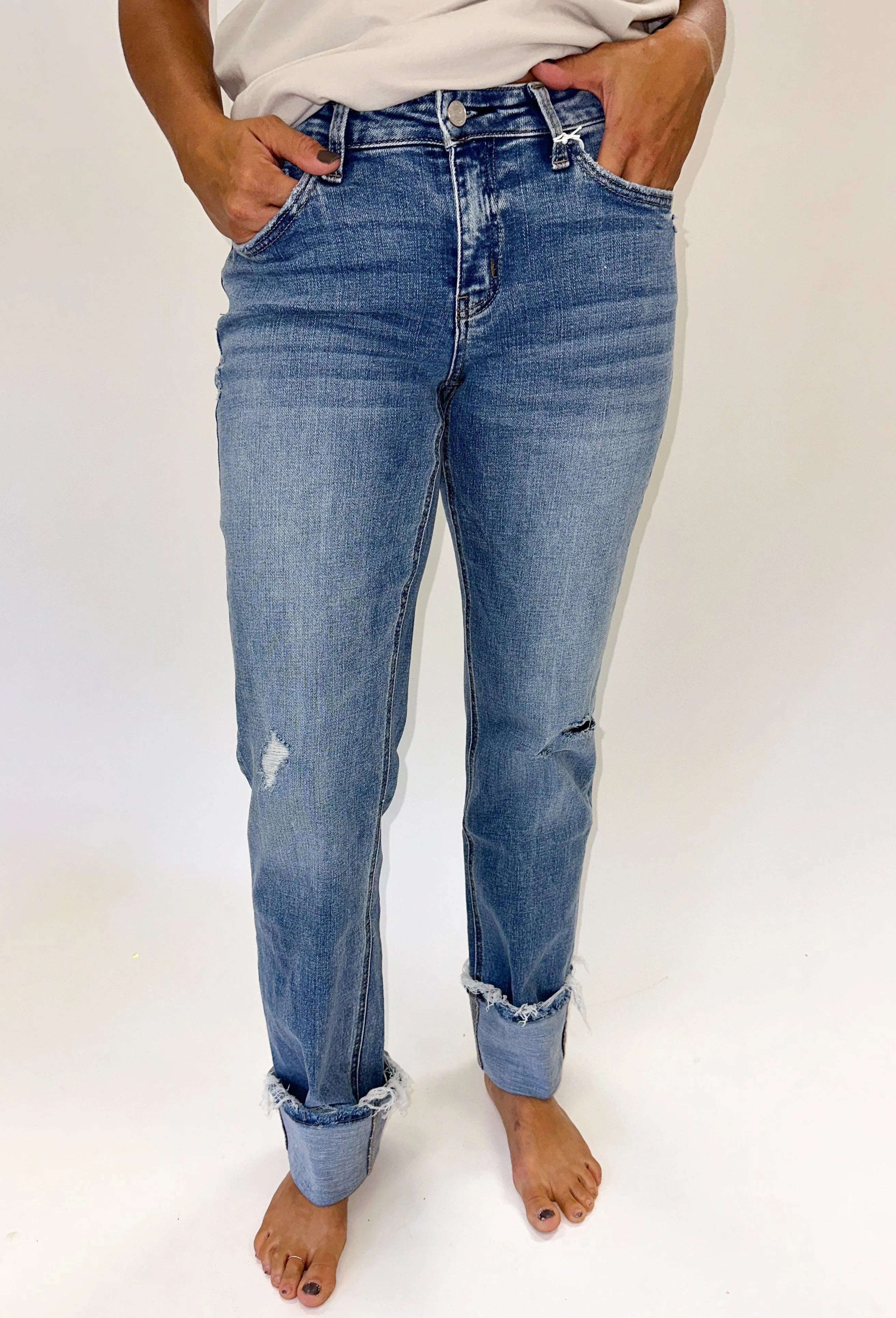 LOVERVET: Mid Rise Cuffed Straight Jeans