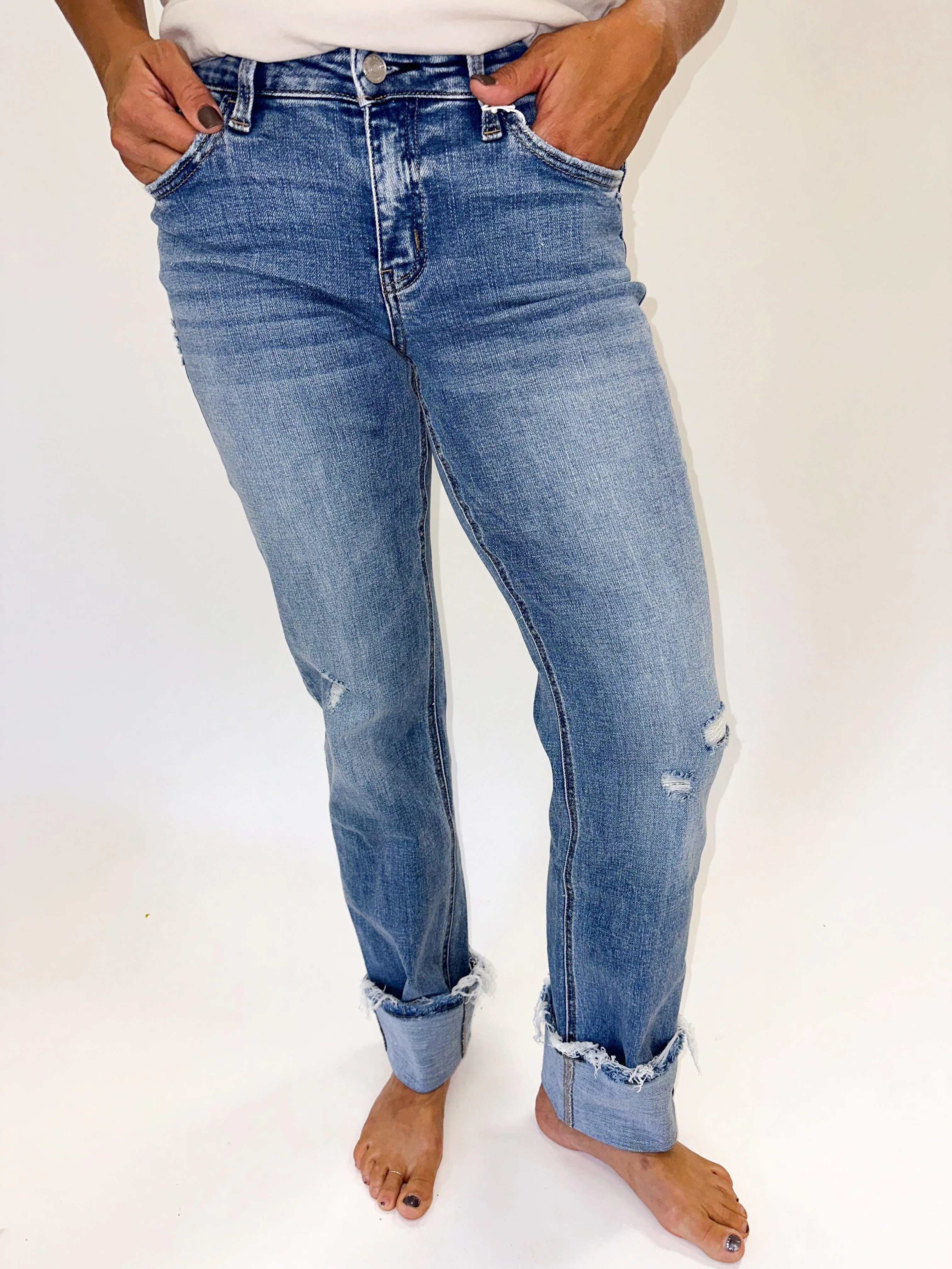 LOVERVET: Mid Rise Cuffed Straight Jeans