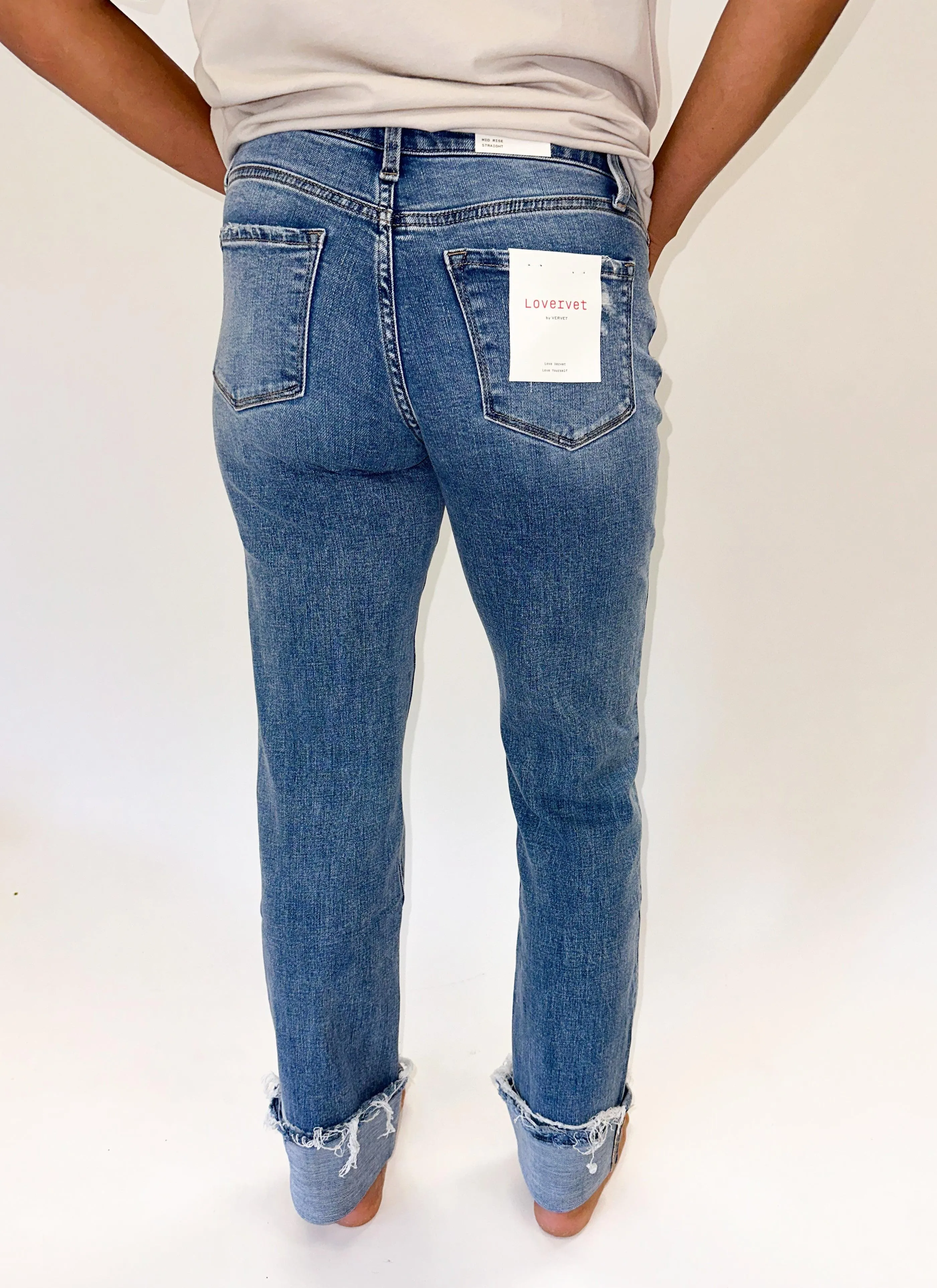 LOVERVET: Mid Rise Cuffed Straight Jeans
