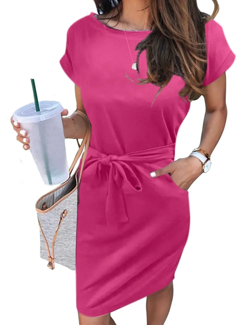 MEROKEETY Tie Waist Striped Pockets Shirt Dress