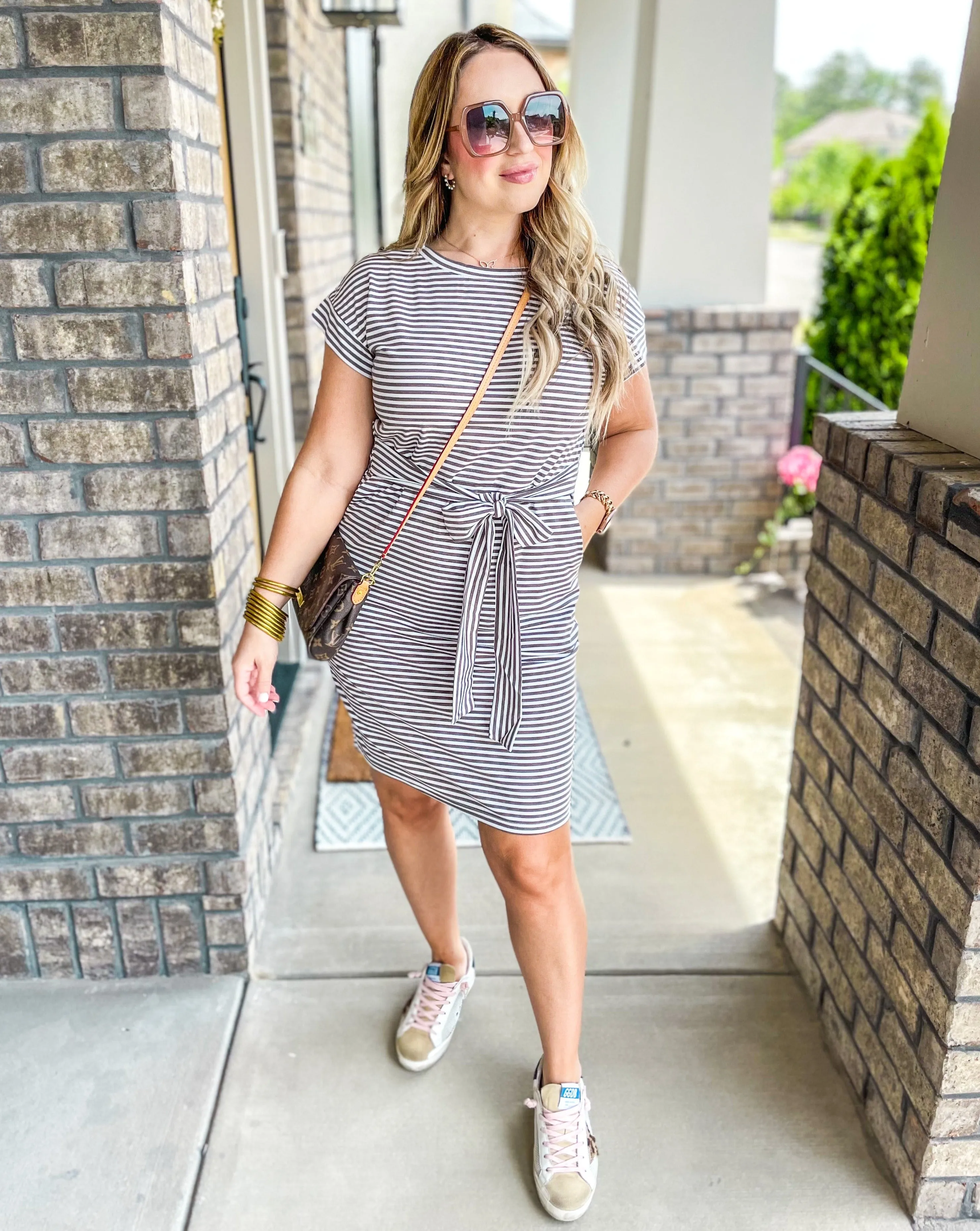 MEROKEETY Tie Waist Striped Pockets Shirt Dress