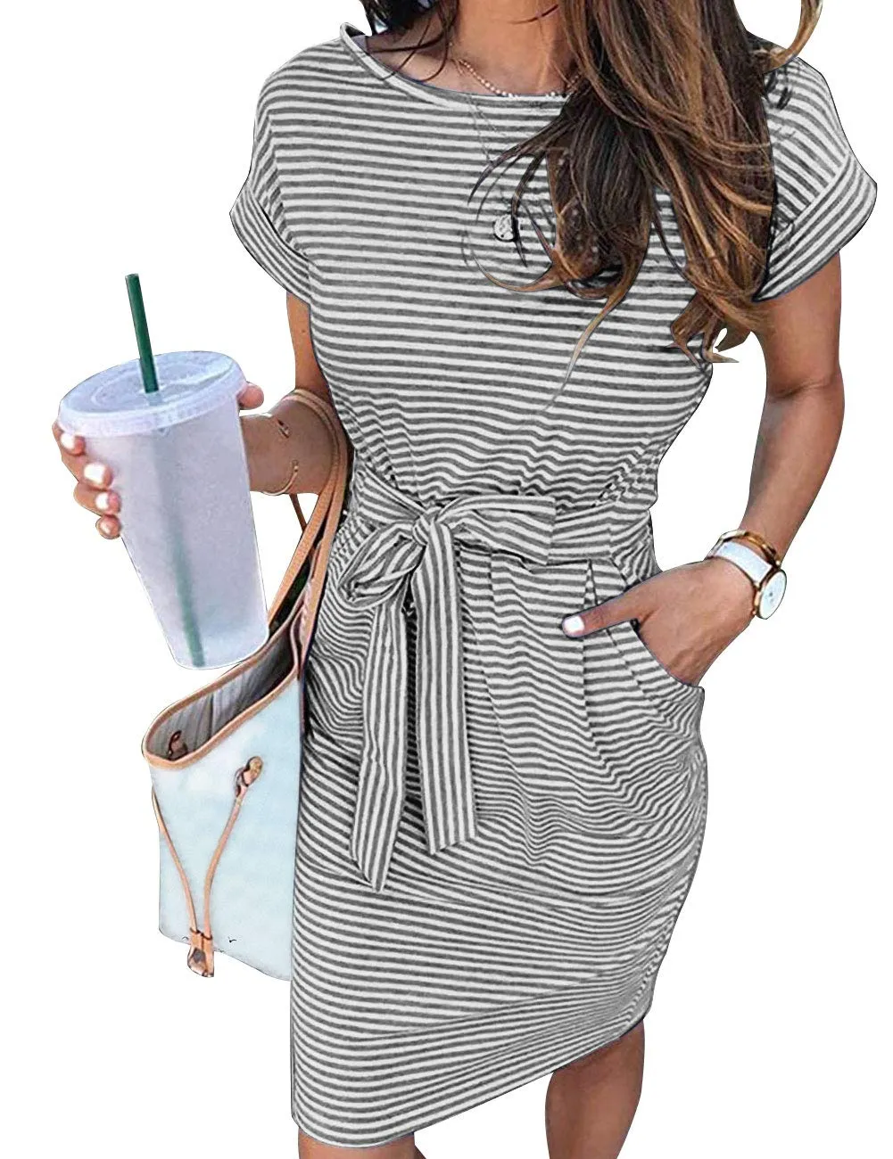 MEROKEETY Tie Waist Striped Pockets Shirt Dress